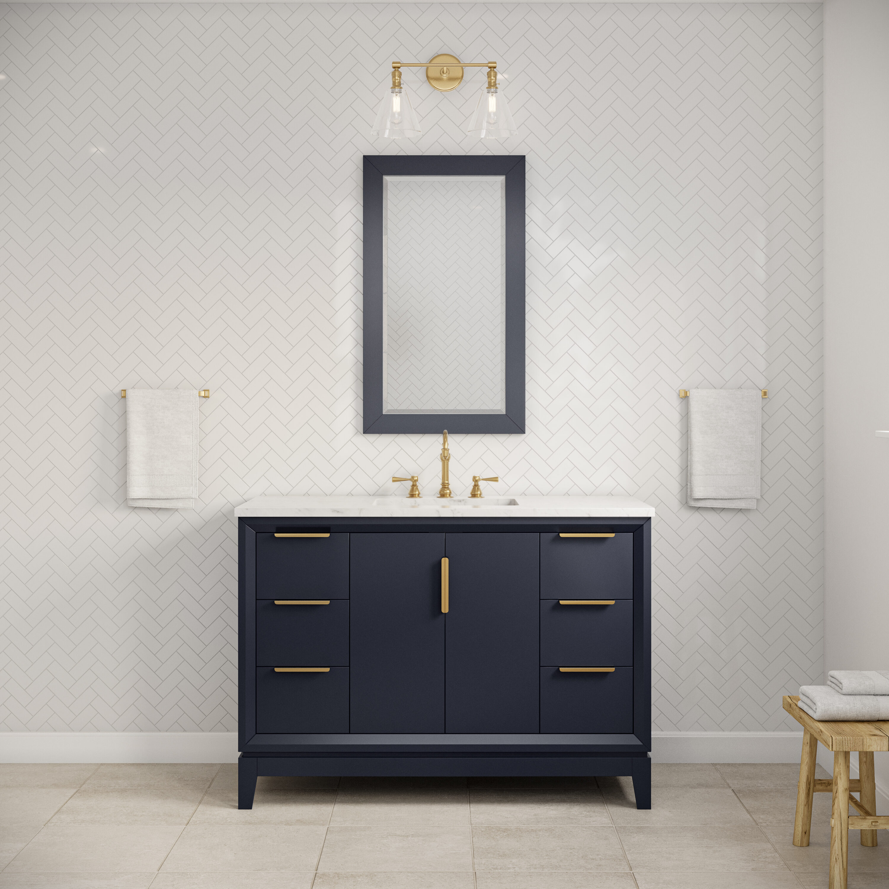 Water Creation VEL048CWMB37 Elizabeth 48-in Monarch Blue Undermount Single sink Bathroom Vanity with Carrara White Natural marble Top (Faucet Included)