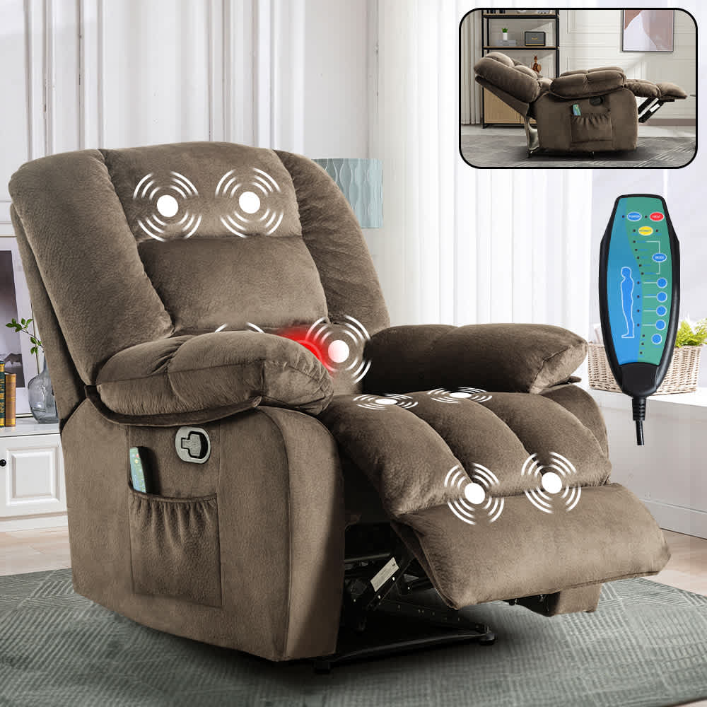 Bestier USLOW-L502637E-LKCF Overstuffed Fabric Recliner Chairs with 8-Point Vibration Massage Manual Pull Recliner with Time Setting Brown