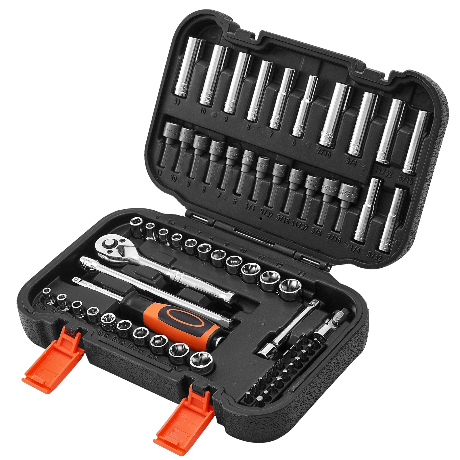 GIVIMO 70-pc 1-4-in Drive SAE And Metric Deep And Shallow 6-Point CR-V Alloy Steel Socket And Ratchet Set With Bits And Storage Case Tool Kit