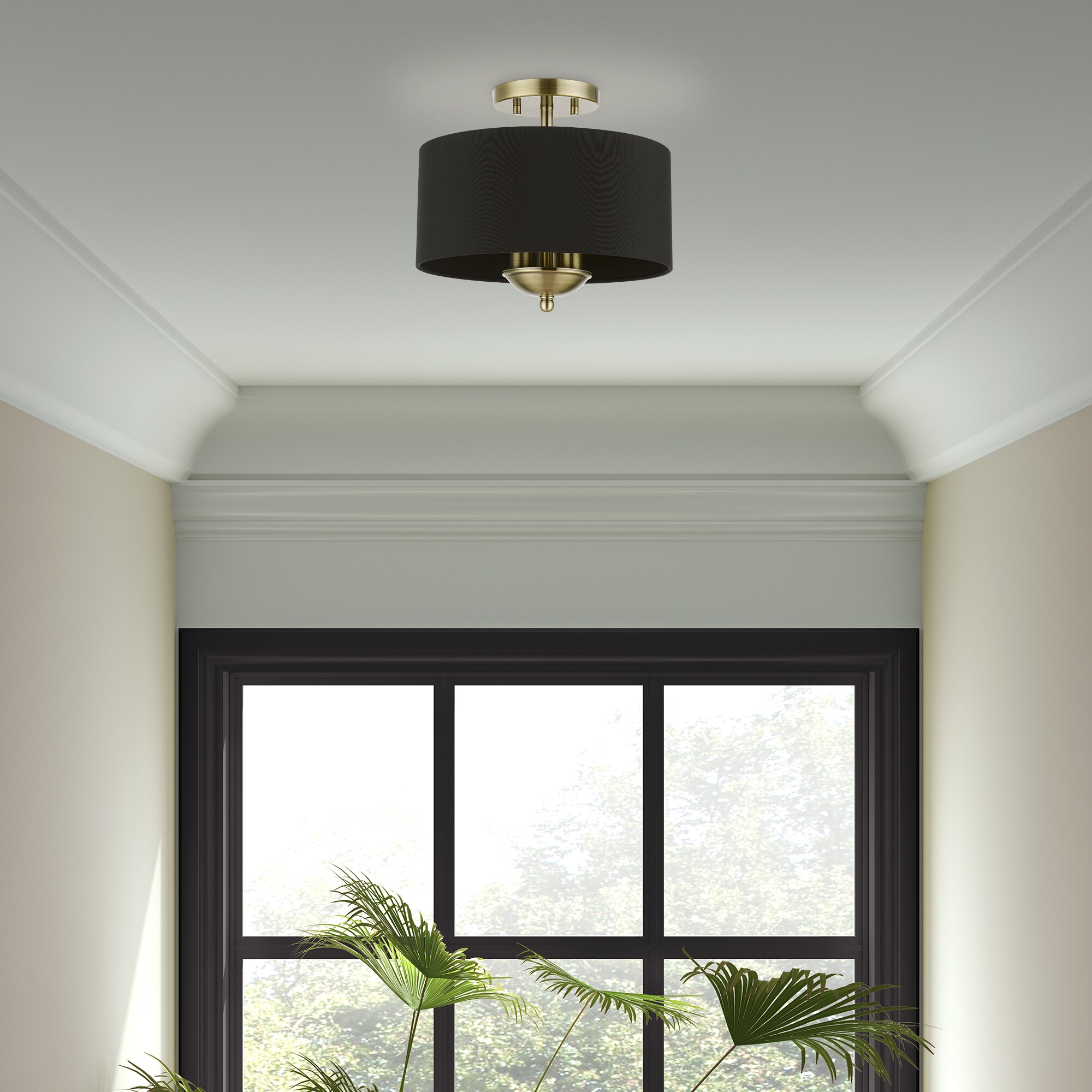 Antique Brass 3-Light Transitional Semi-Flush Mount with Black Fabric Shade