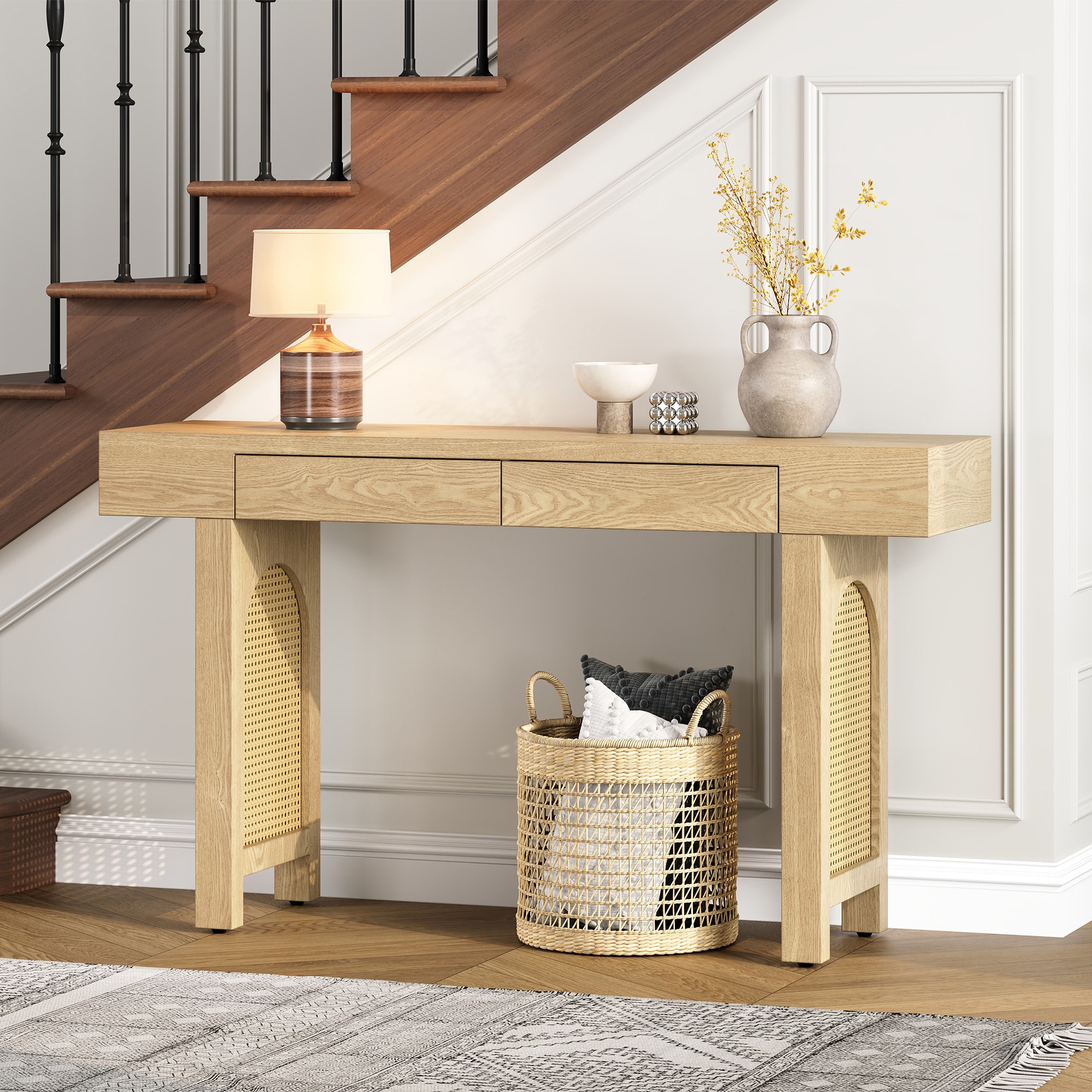 ModernLuxe N715P223098M Narrow Console Table with Rattan Accent Natural Wood Finish Entryway Table with Storage Drawers Stylish Rustic Sofa Table for Living Room and Hallway Natural