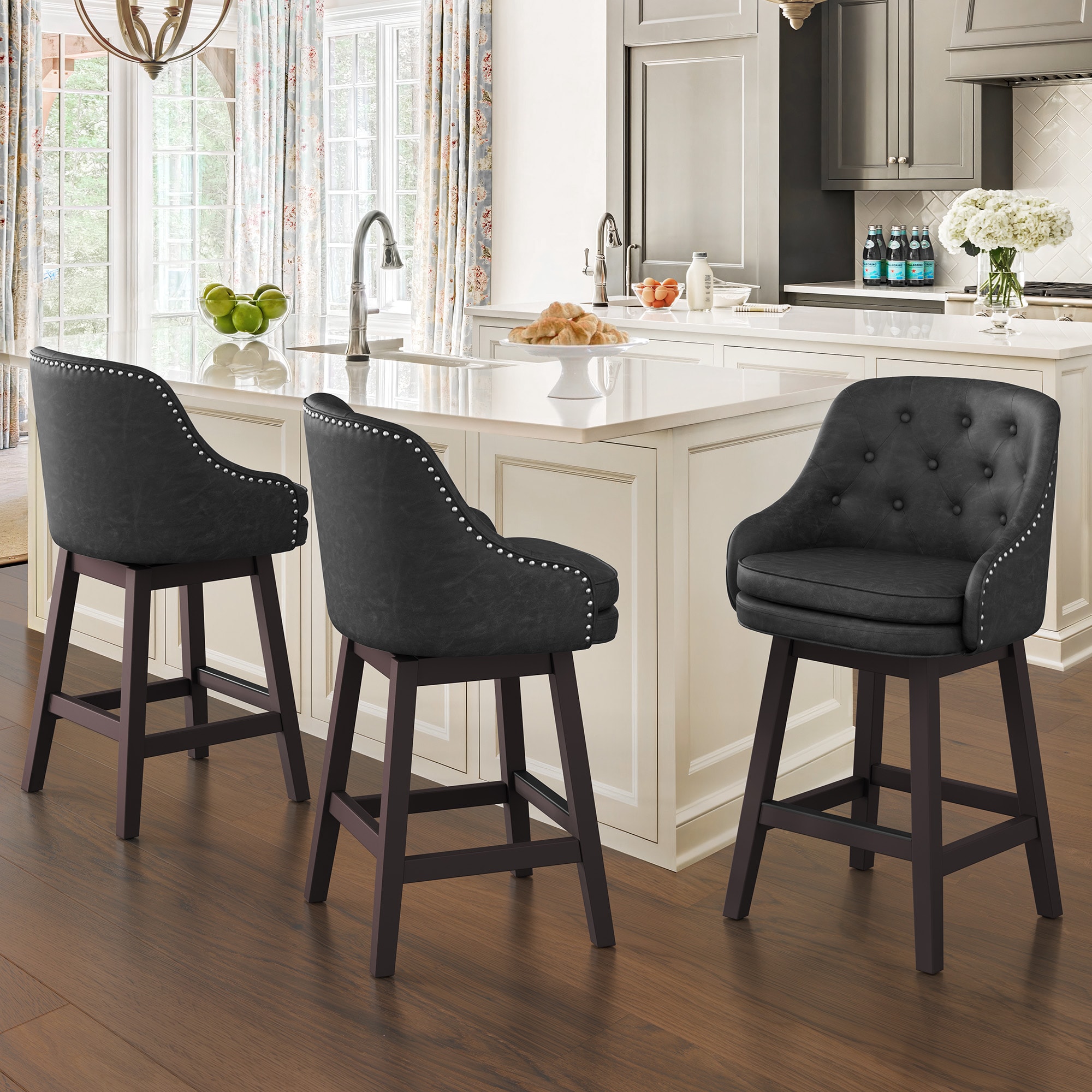 LUE BONA 3YB-169-02LS 3 -Set Black/Faux leather 26.5-Inches H Counter height Square seat Upholstered Swivel Wood Bar Stool and Back