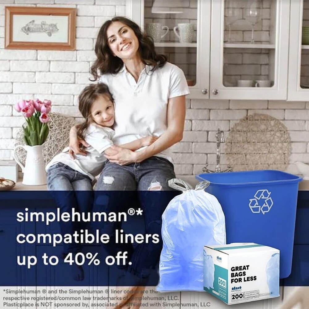 Plasticplace Simplehuman* Code V Compatible Drawstring Trash Bags, 4.2-4.8 Gallon (200 Count), White