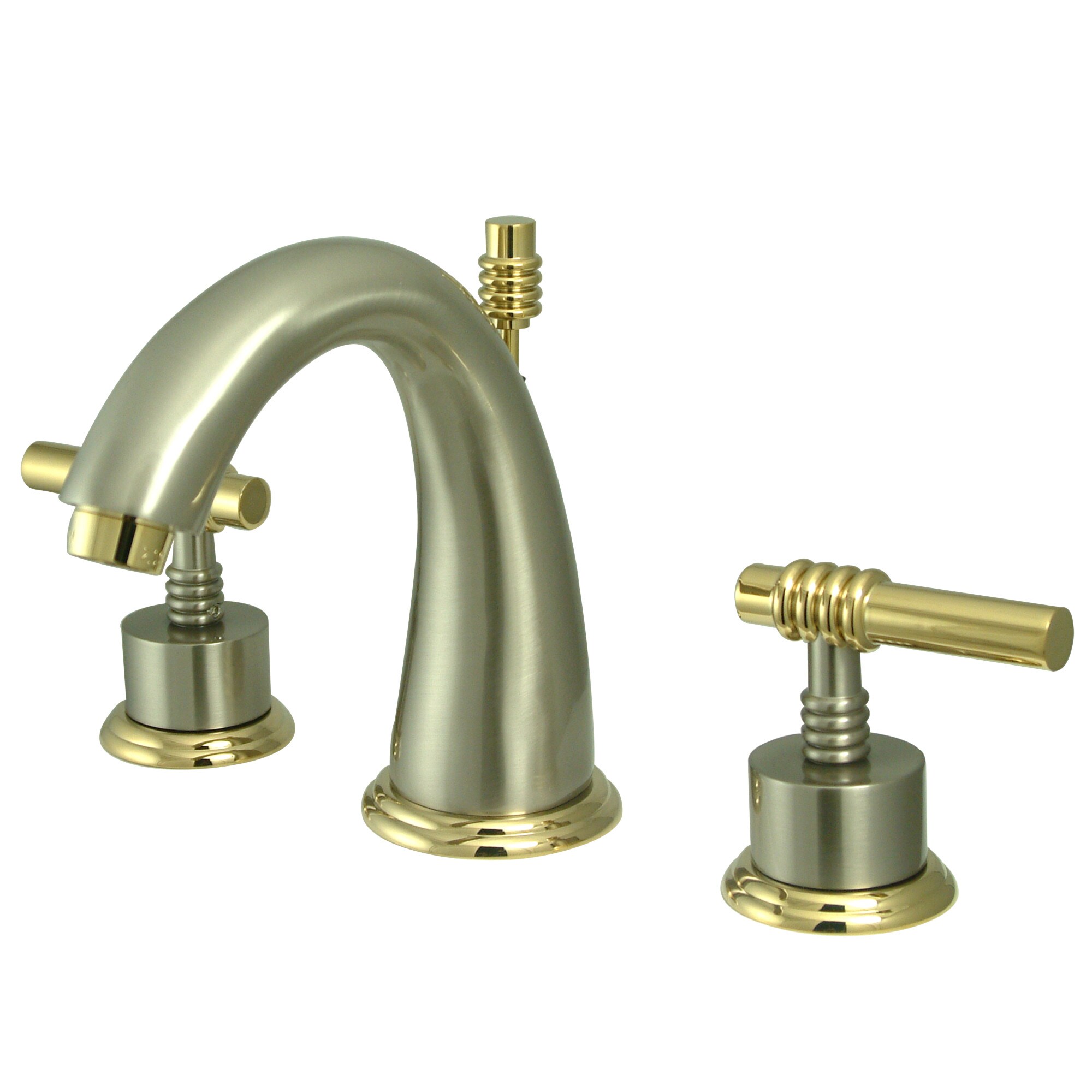 Kingston Brass WLKS2969ML Milano Brushed nickel/polished brass Widespread 2-handle Mid-arc Residential Handle Bathroom Sink Faucet with Drain