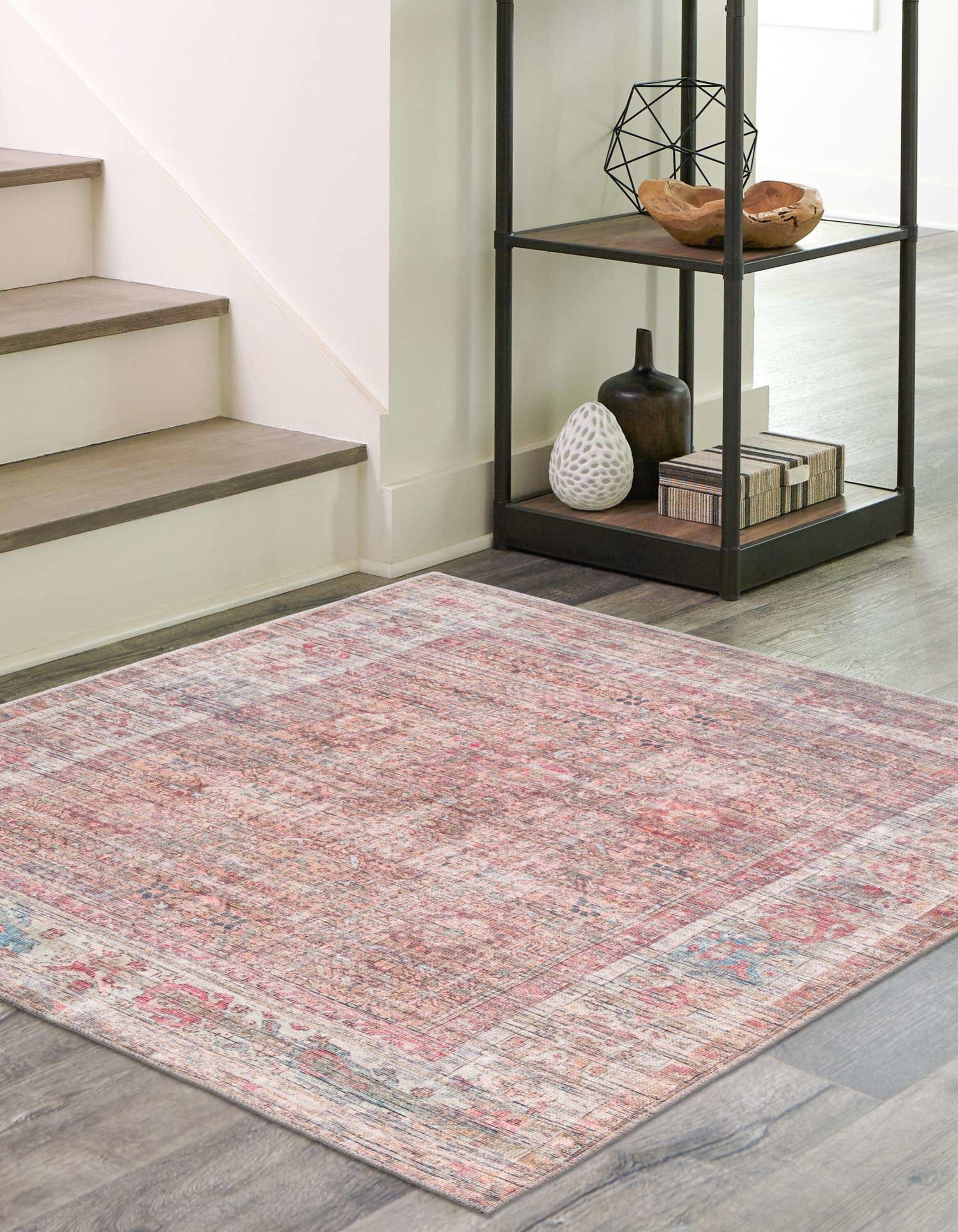 Modern Rust Red and Brown Synthetic Square Rug