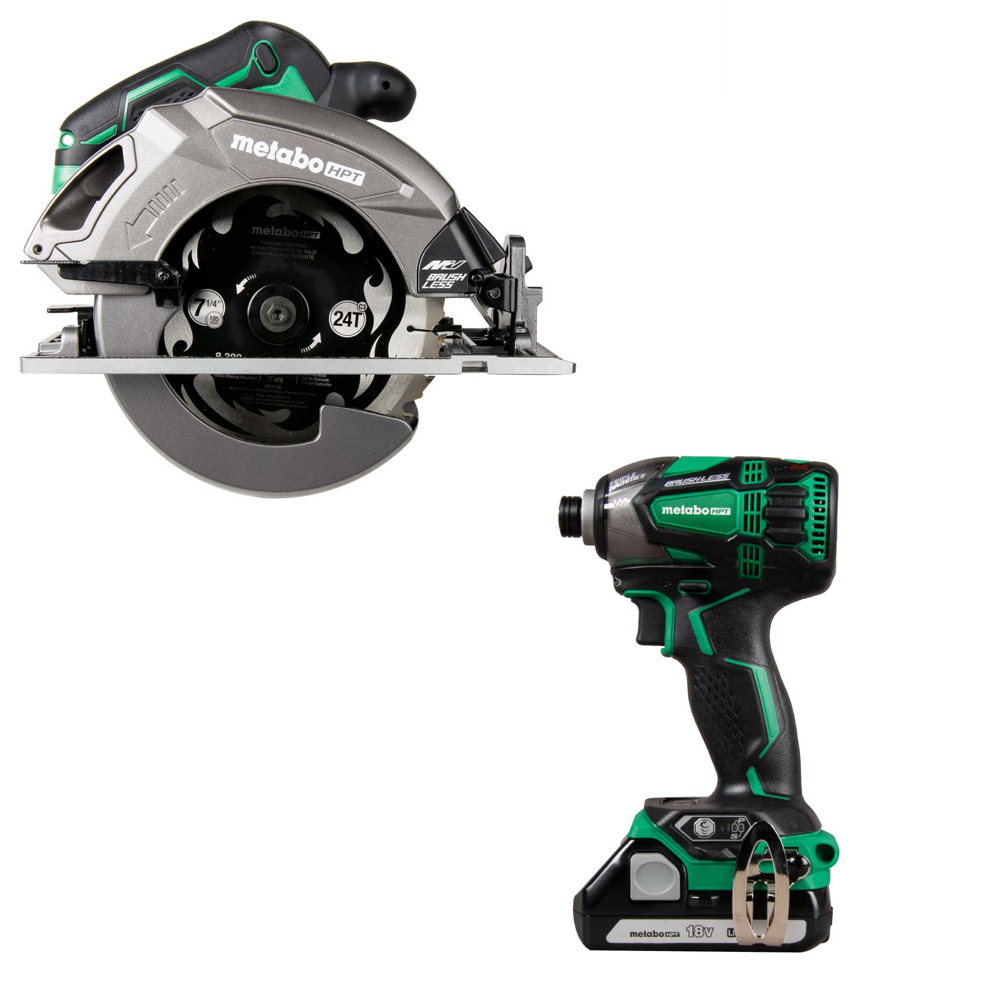 Metabo HPT MultiVolt 36-Volt 7-1/4-in Brushless Circular Saw with MultiVolt 18-volt 1/4-in Variable Speed Brushless Cordless Impact Driver