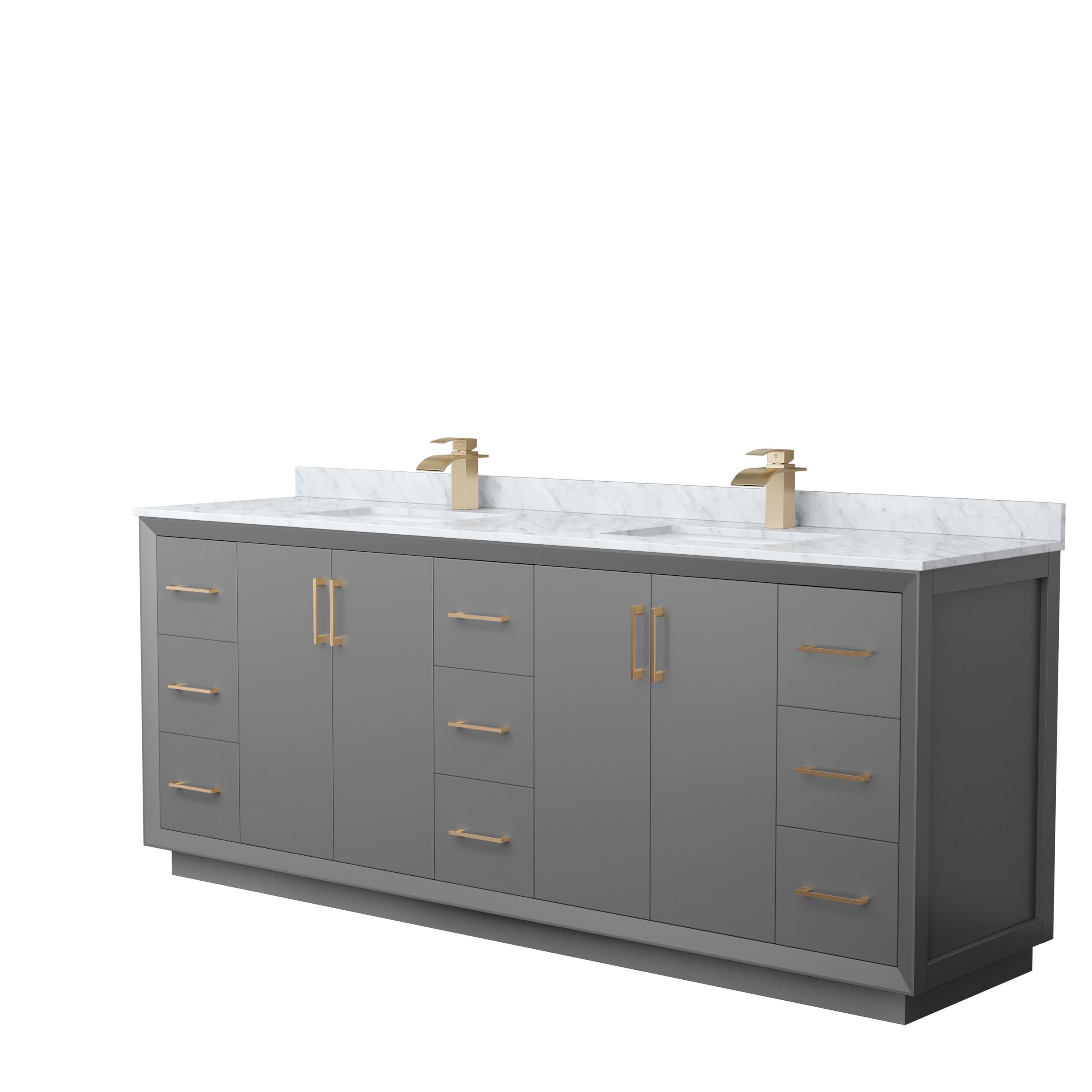 Wyndham Collection WCF414184DGZCMUNSMXX Strada 84-in Dark Gray with Satin Bronze Trim Undermount Double sink Bathroom Vanity with White Carrara marble Natural marble Top