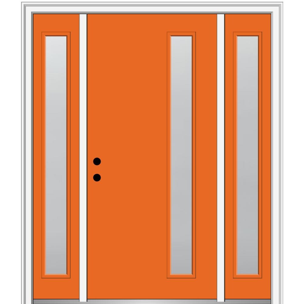MMI DOOR ZZ347275R Spotlights 64-in x 80-in x 4-9/16-in Fiberglass Pulse lite Right-hand inswing Tangerine Painted Prehung Front Door with Sidelights with Brickmould Insulating core