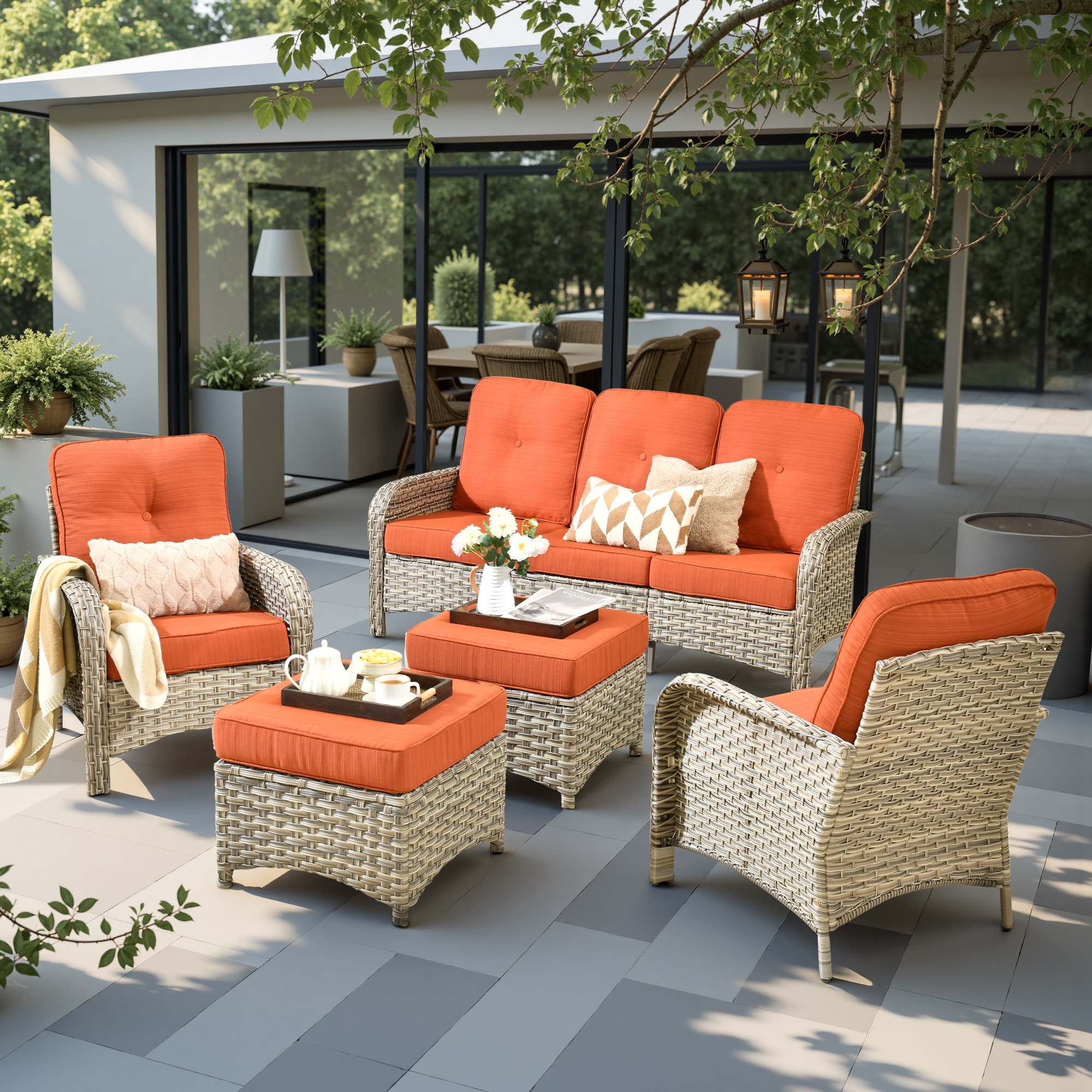 weaxty HMBVNC800S51 Belvoir 5 -Piece Wicker Patio Sofa Conversation Set with Orange Cushions