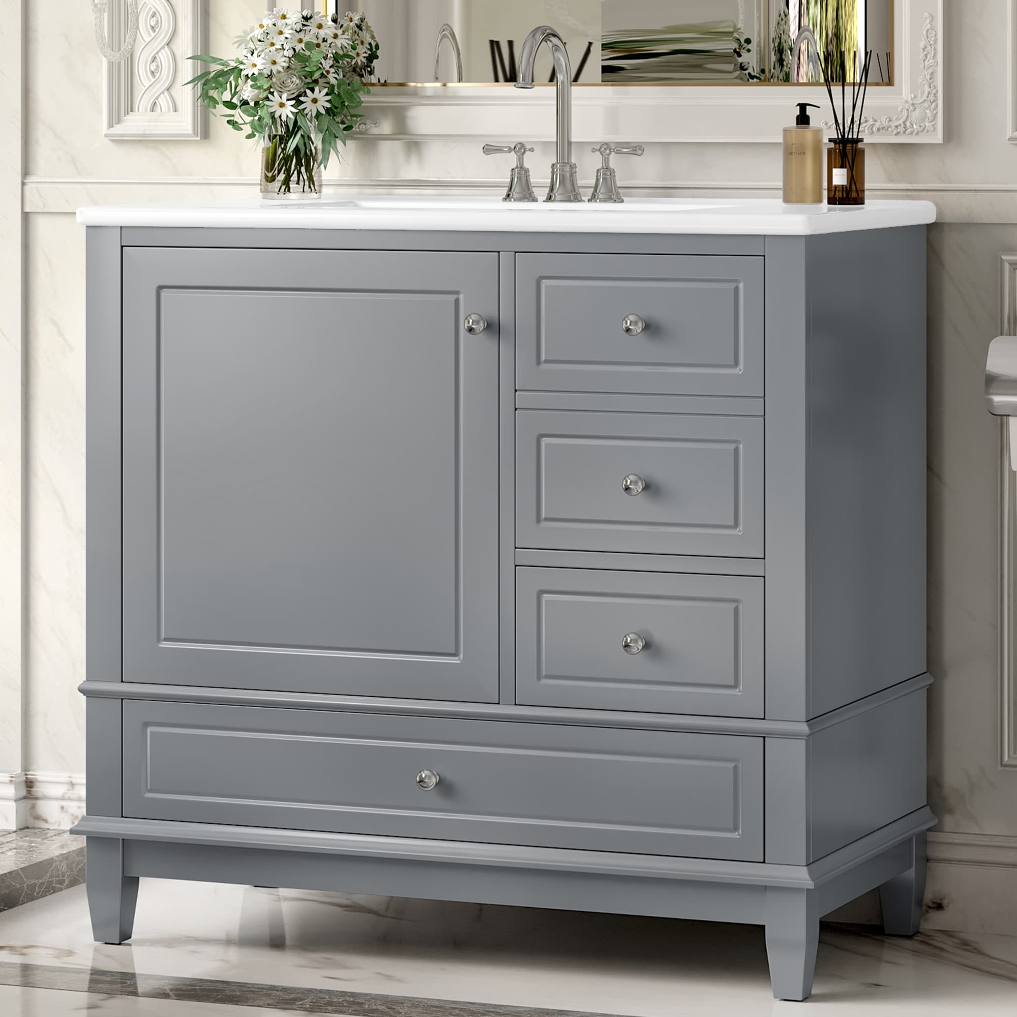 Afhocomp 36 in. Single Sink Freestanding Gray Bath Vanity with White Integral Ceramic Basin