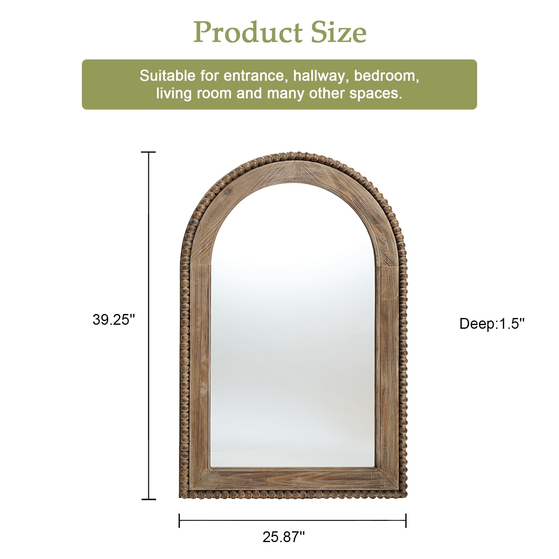 Natural Wood Oval Arch Wall Mirror with Beaded Frame