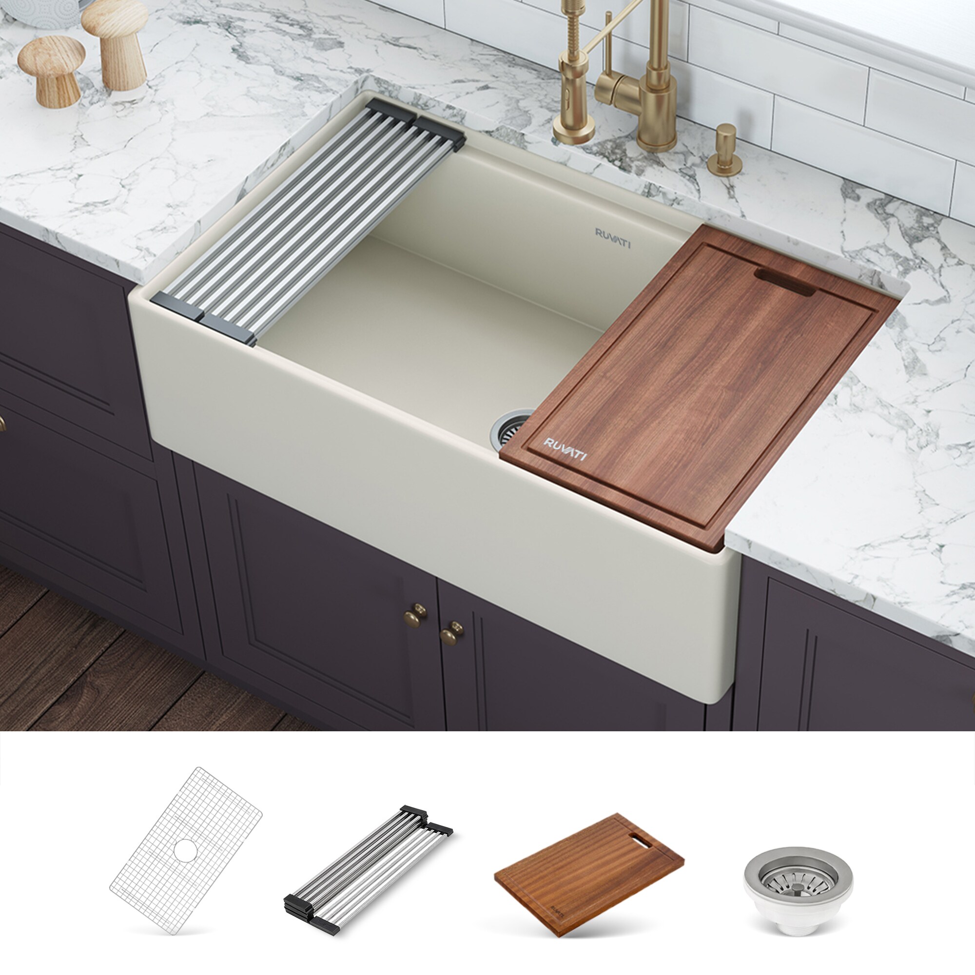 Ruvati Fiore Undermount 33-in x 18-in Fireclay Single bowl Workstation Kitchen Sink