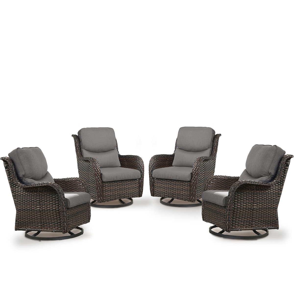 Rilyson FS023XLX2-3 Smiley Set of 4 Wicker Brown Wicker Frame Swivel glider Conversation Chair with Brown Gray Cushioned Seat