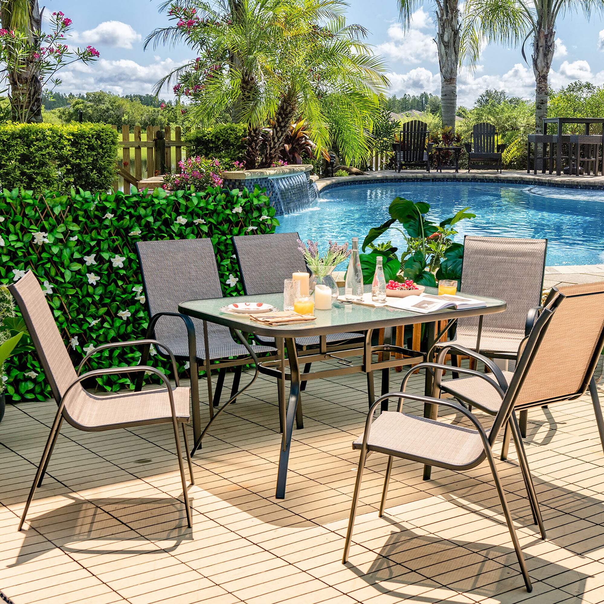 Forclover HYFW-407BR+ Outdoor Dining Table Set 7 -Piece Black Patio Dining Set Steel Rectangle Table with 6 Stackable Stationary Chairs