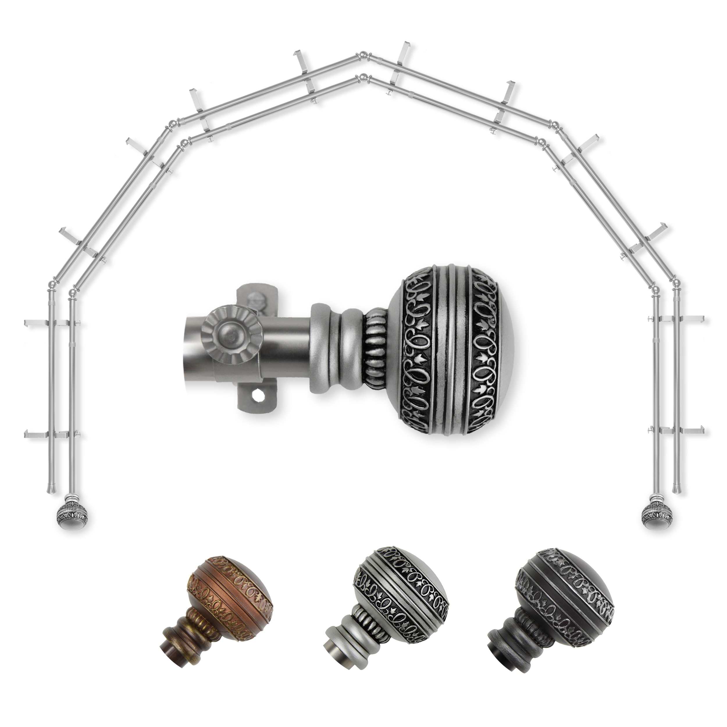 Hart & Harlow L-6BAY-02-5D Faith 6-Sided Double Bay Satin nickel Steel Bay window curtain rod with Finials
