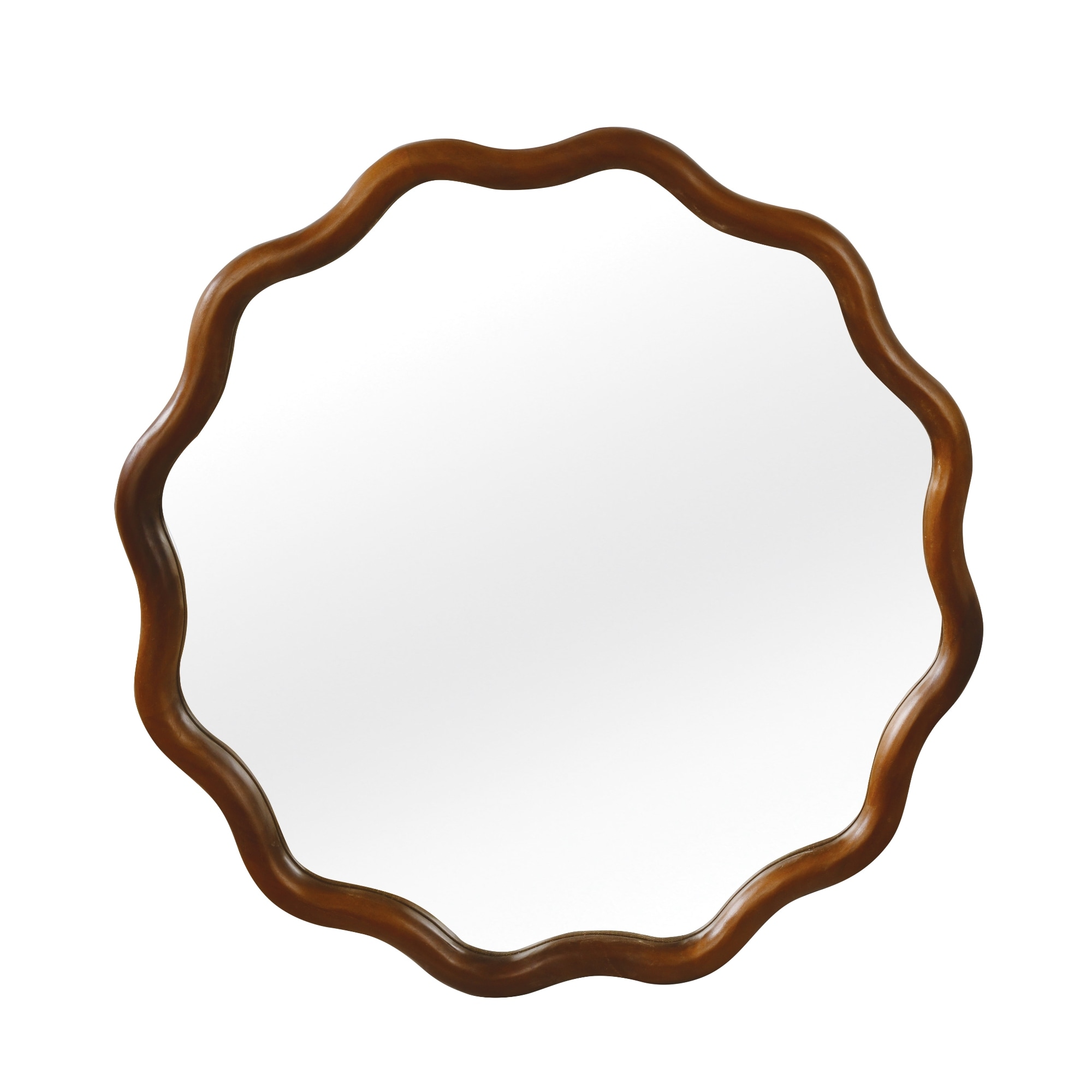 Wooakway 30-in W Black Walnut Wavy Round Wall Mirror Solid Wood Frame Decorative Bathroom Vanity Mirror with Tempered Glass for Bedroom Living Room  Entryway