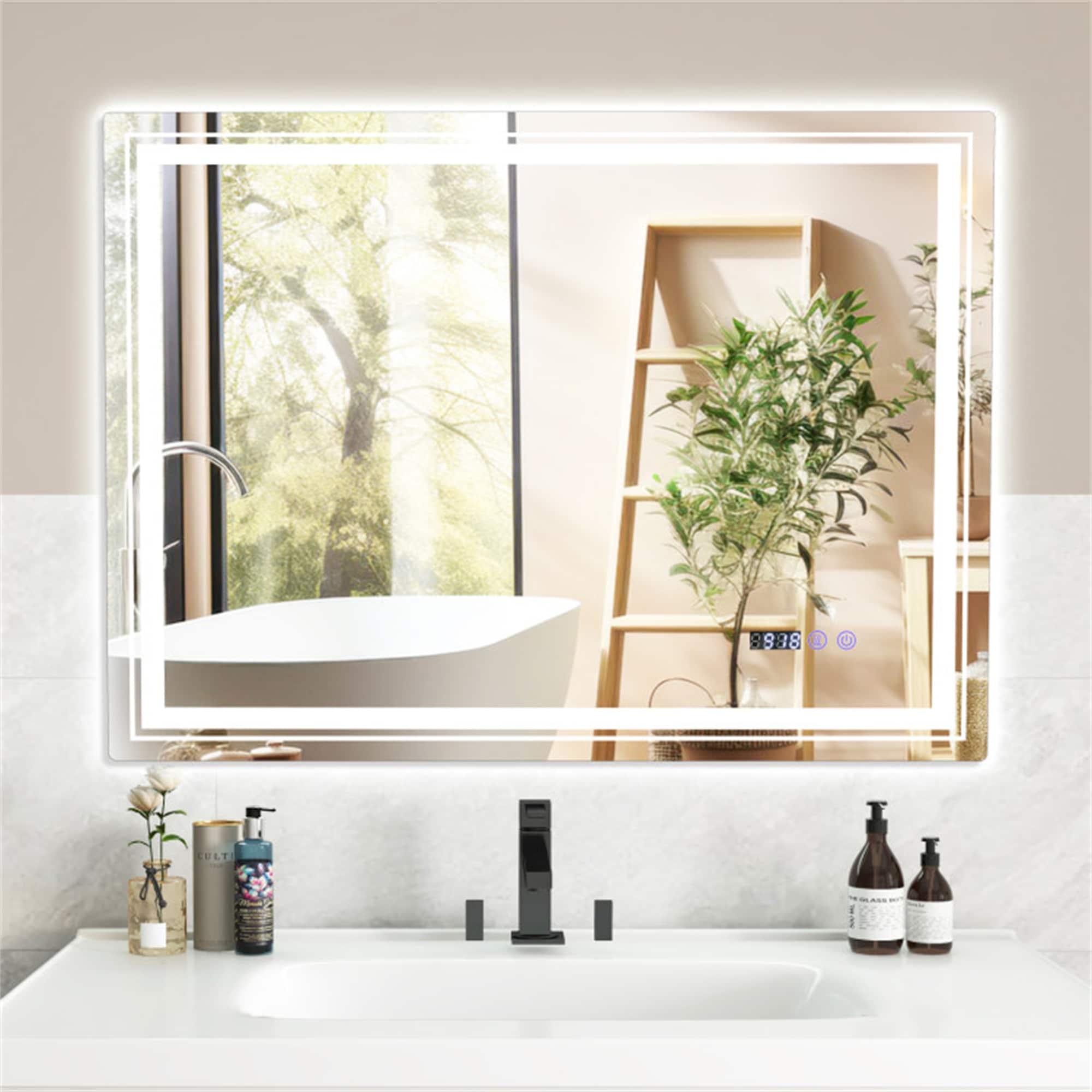 BABOOM BOM-9967533-OR Bathroom Mirror with Memory Function 36-in x 28-in Beveled Frameless Rectangle Dimmable LED Lighted Fog Free Bathroom Vanity Mirror ( Sliver )
