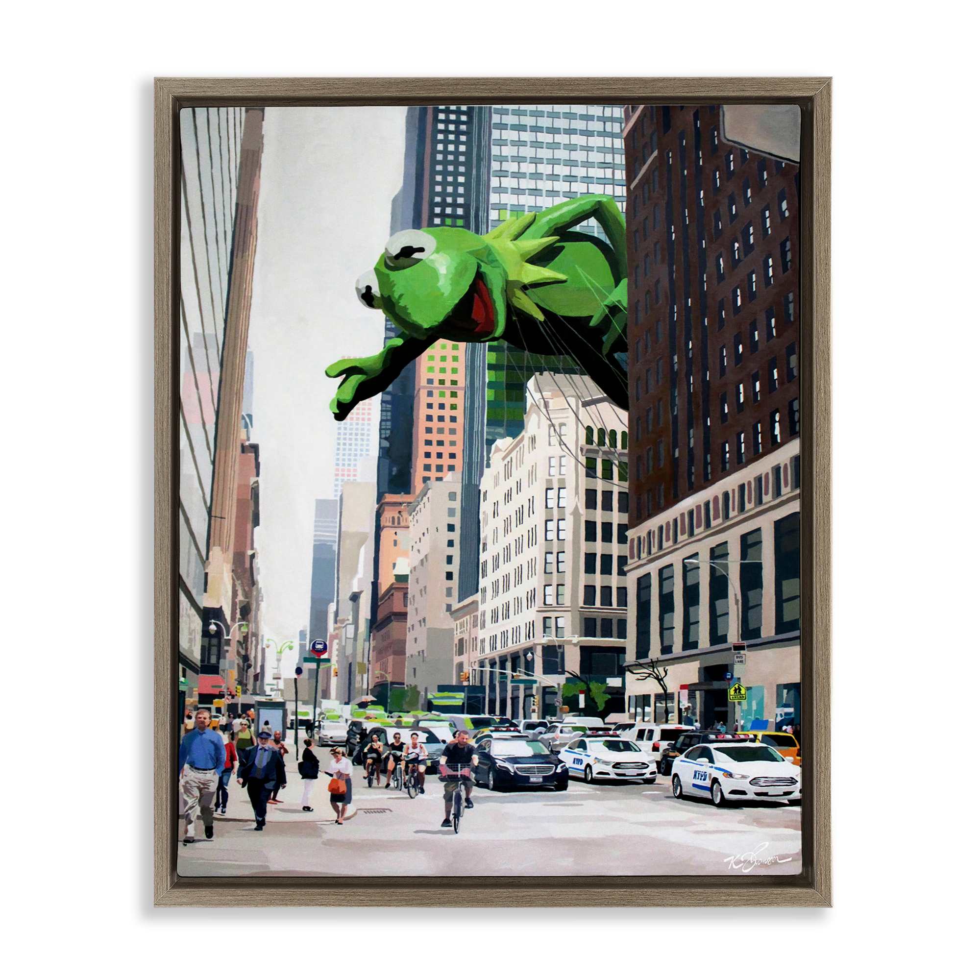 Stupell Industries BS-820-FFE-16X20 Frog Character over City Brown Framed Floater Canvas Wall Art By Keith Thomson 17 x 21