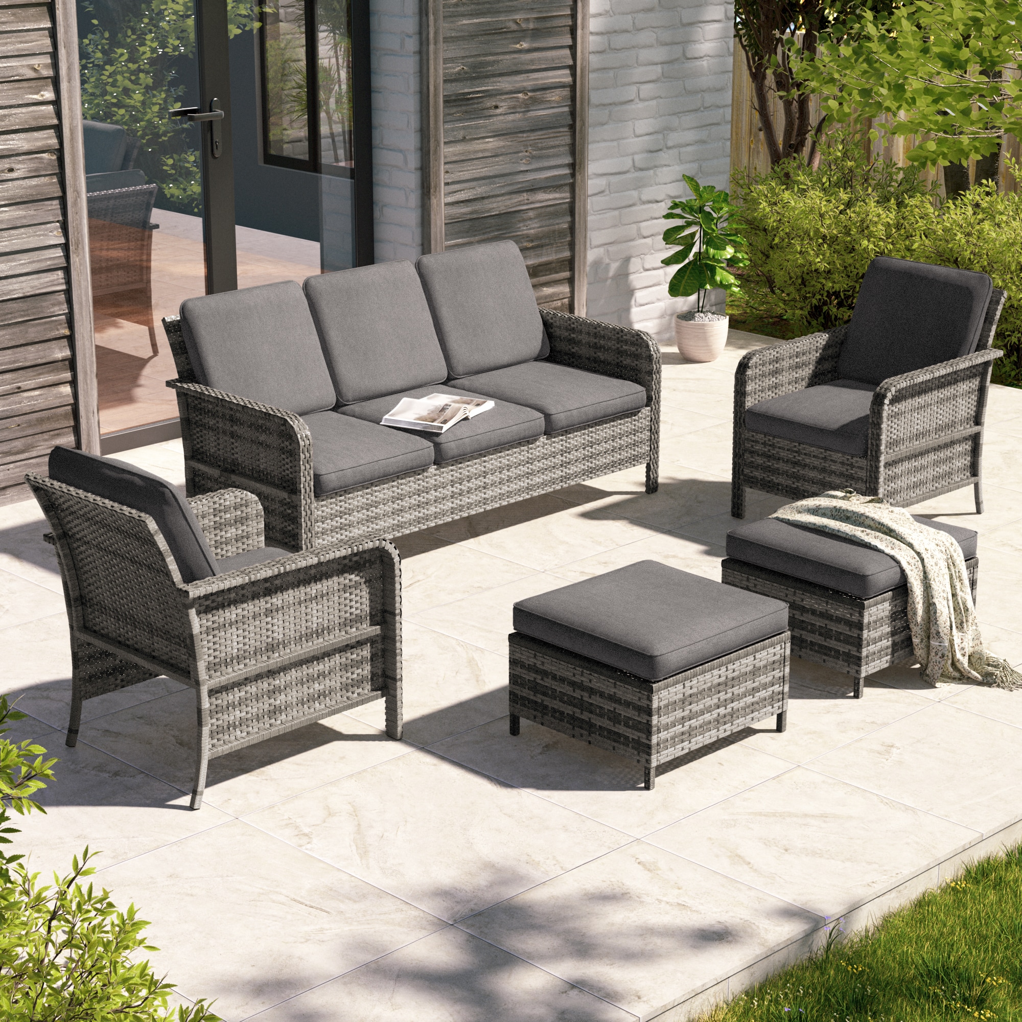 Sonkuki SD-PS-155HGY Patio Conversation Set 5 -Piece Wicker Patio Sofa Conversation Set with Gray Cushions