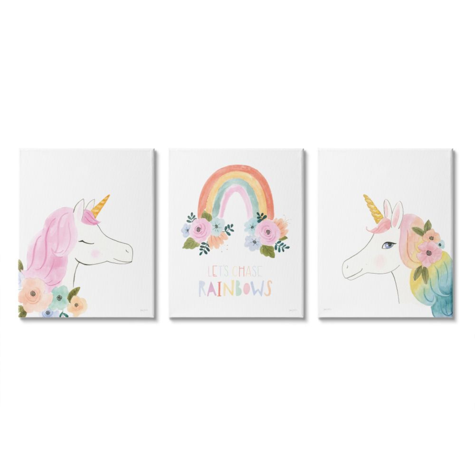 Stupell Industries Let's Chase Rainbows Phrase Fantasy Floral Unicorns Design by Jenaya Jackson, Size: 3pc, Each 10 x 15