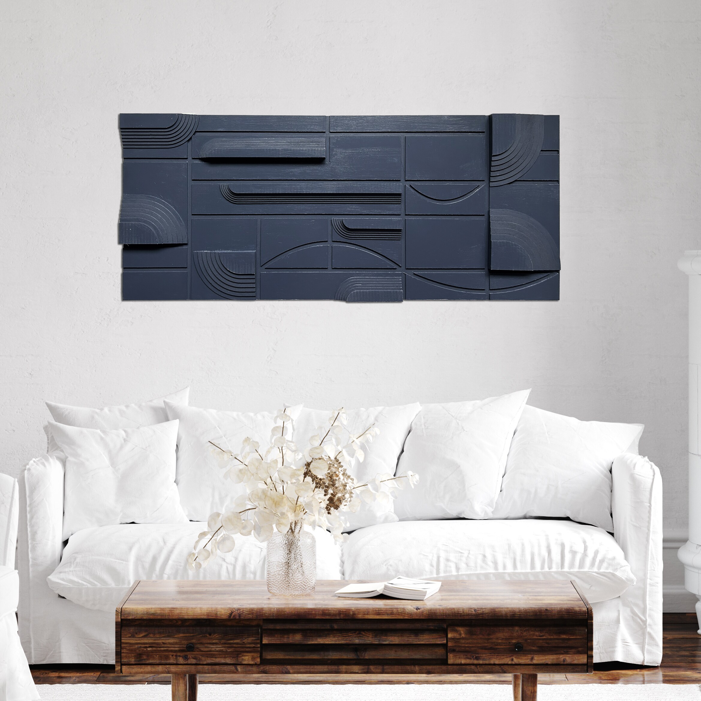 Blue Geometric Abstract Canvas Wall Art, 19"x45"