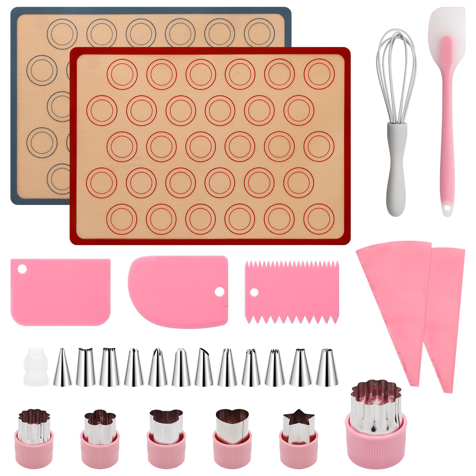 Aoibox  28 Piece Macaron Silicone Baking Mat Kit with 2 Non Stick Mats 12 Piping Tips Pastry Bags and Scraper