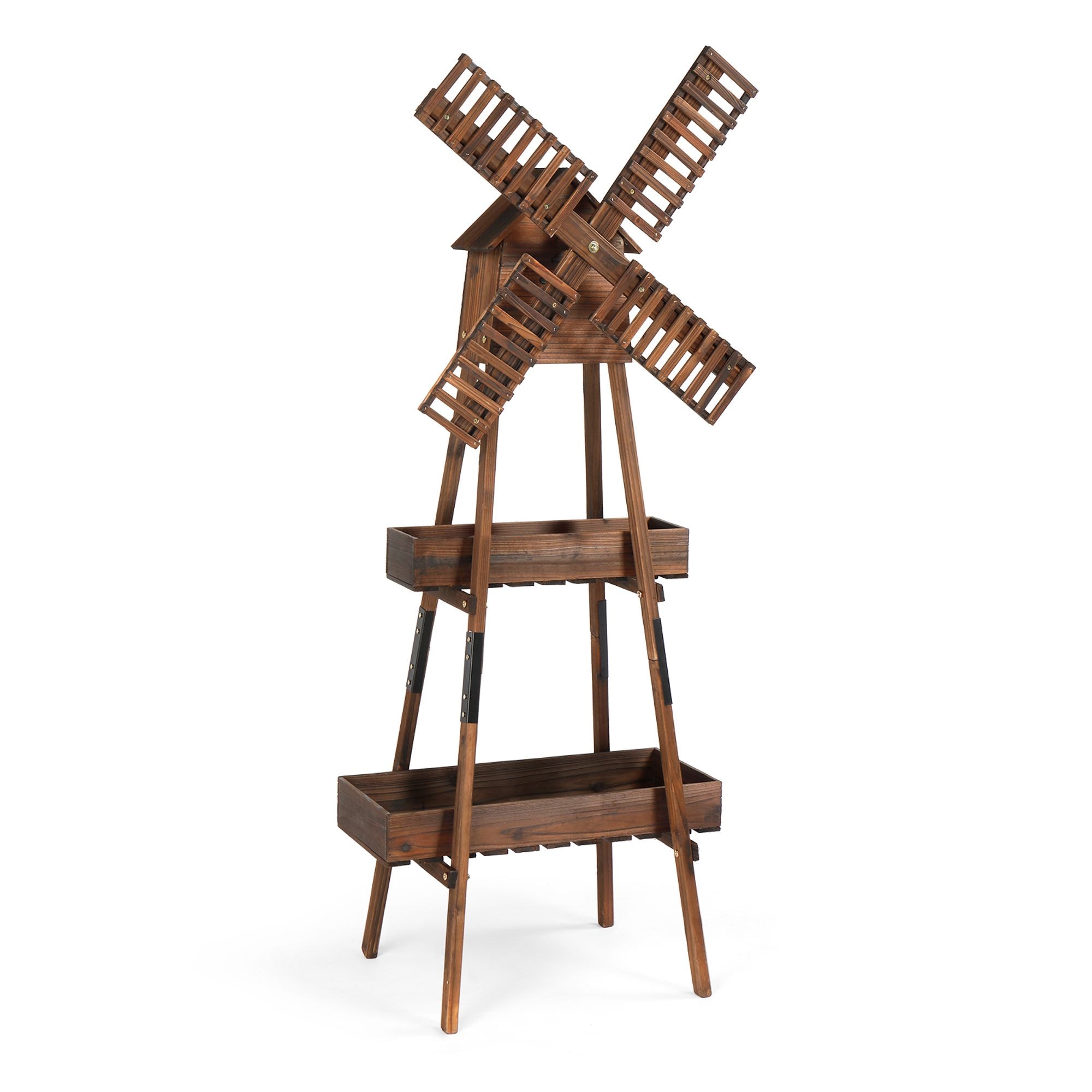 Winado  60 in. Tan Wood Windmill With Planter And Birdhouse Outdoor Decoration