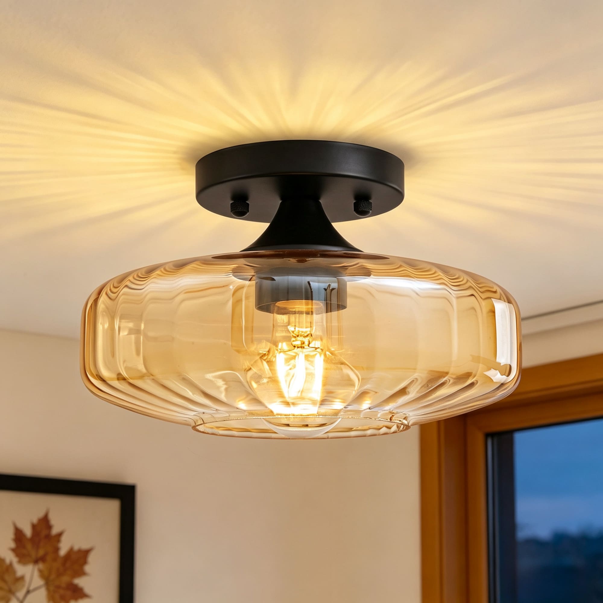 Lanmate  1 Light Black Modern Flush Mount Light With 9.84-in Amber Glass Shade For Hallway Entryway Kitchen