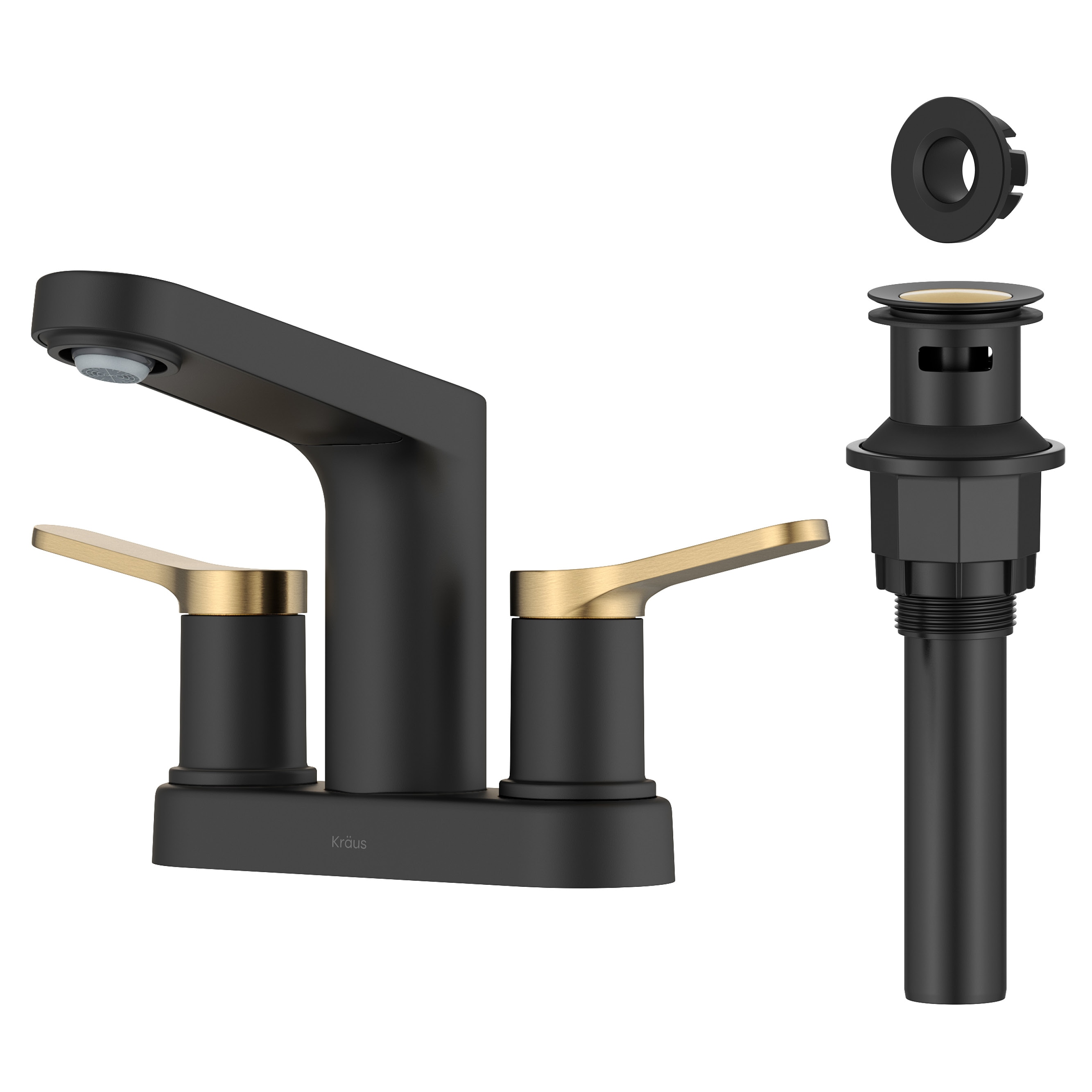 Kraus FUS-14102SFBBMB Indy Spot Free Brushed Brass/Matte Black 4-in centerset 2-handle WaterSense Low-arc Commercial/Residential Handle Bathroom Sink Faucet with Drain