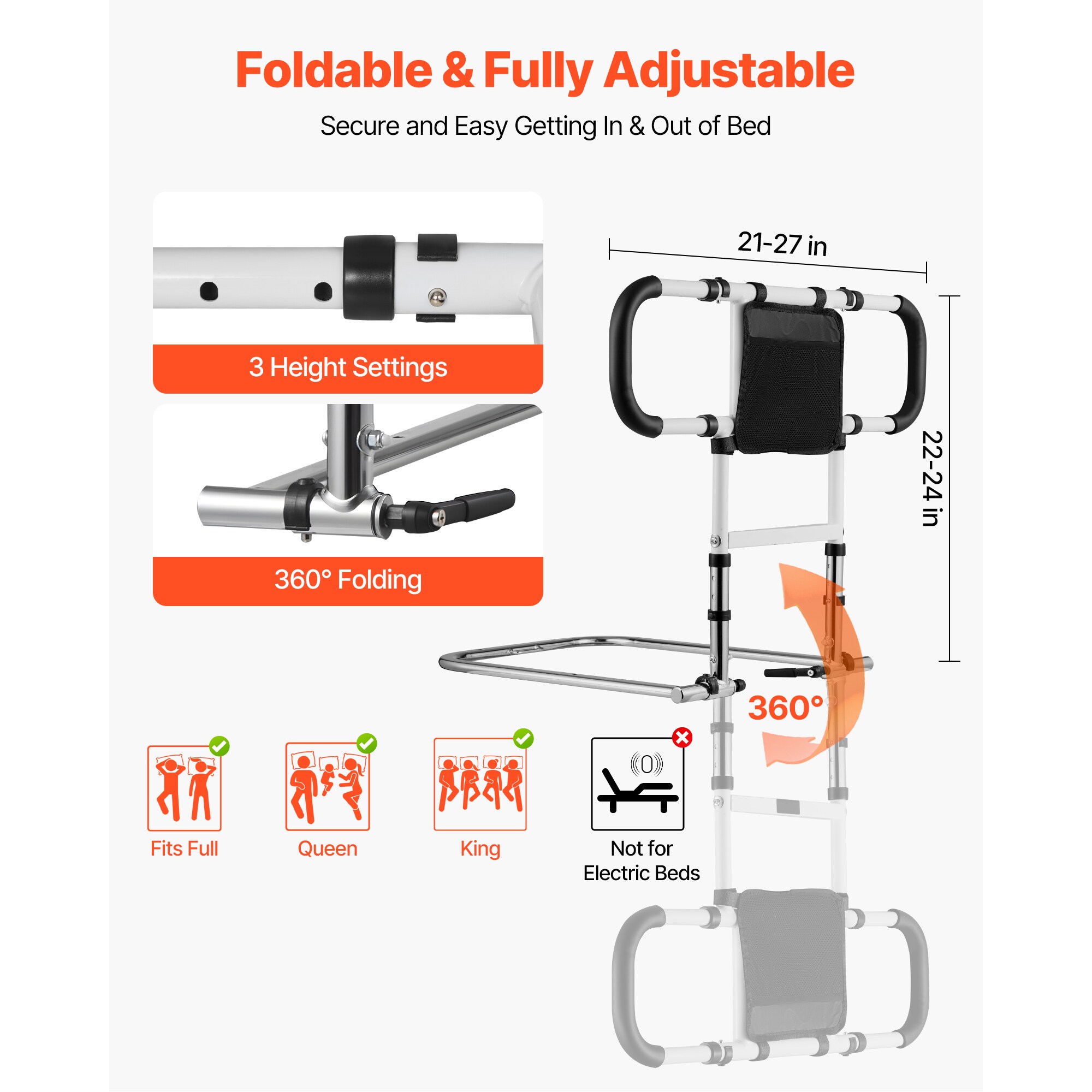 VEVOR Bed Rail for Elderly Foldable and Extendable Bedside Assist Rail ...