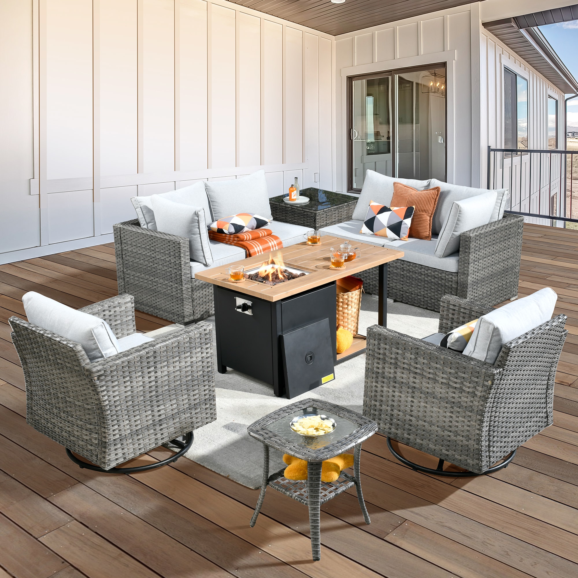 weaxty DDFPRRSGRS409 Kuuga 9 -Piece Rattan Patio Conversation Set with Gray Cushions