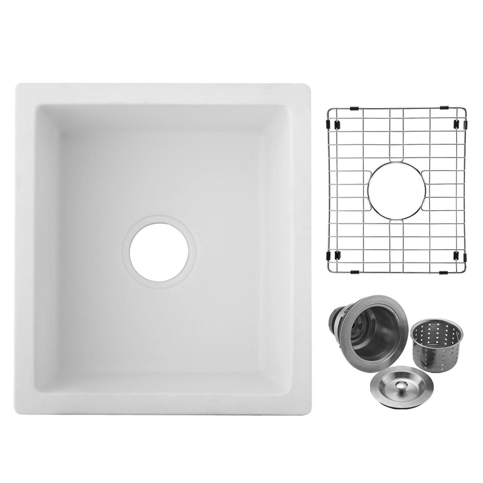 LIVACA 18 inch x 16 inch White Quartz Undermount Bar Sink with Grid And Strainer