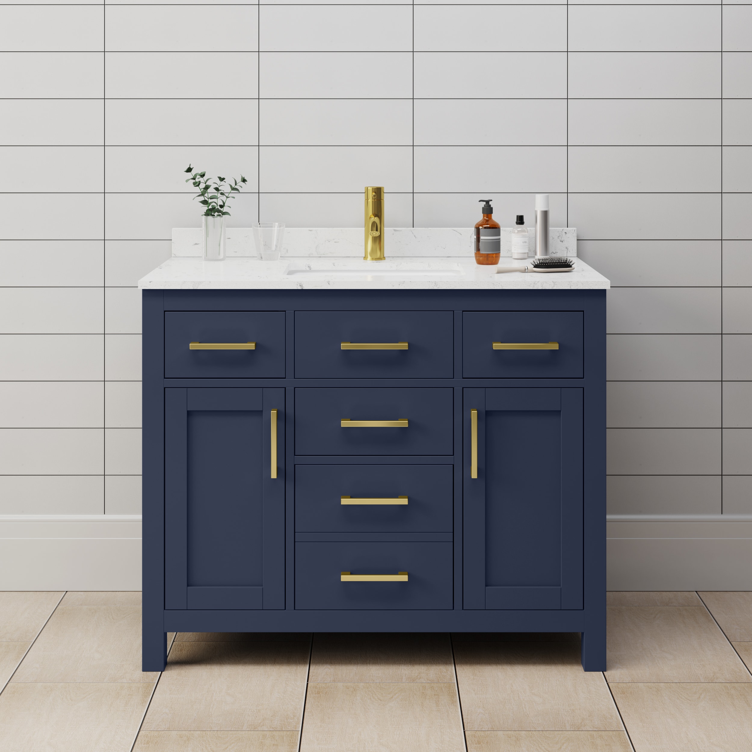 Wyndham Collection WCG242442SBLCCUNSMXX Beckett 42-in Dark Blue with Brushed Gold Trim Undermount Single sink Bathroom Vanity with Carrara Cultured Marble Cultured marble Top