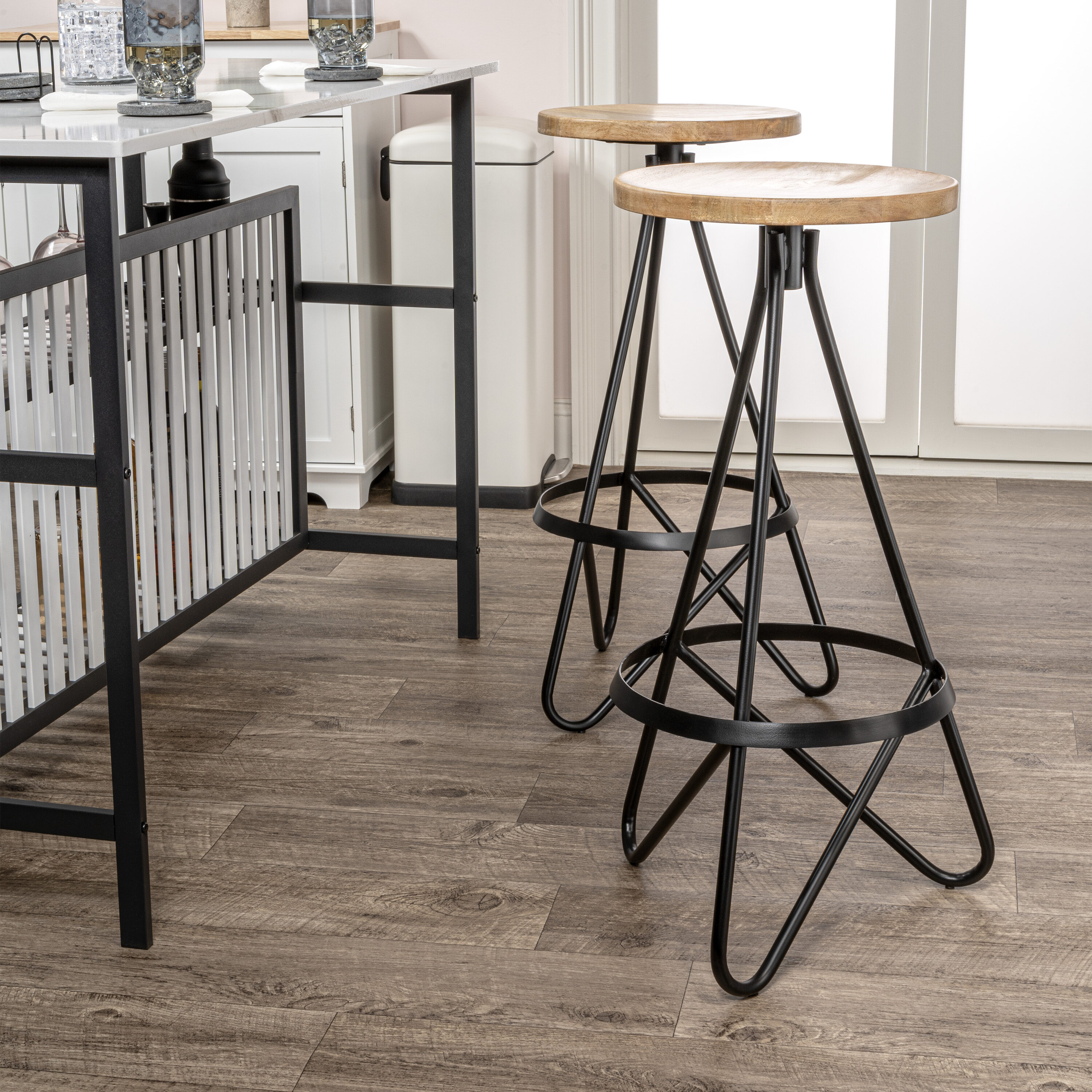 Natural Wood and Black Metal Backless Bar Stool