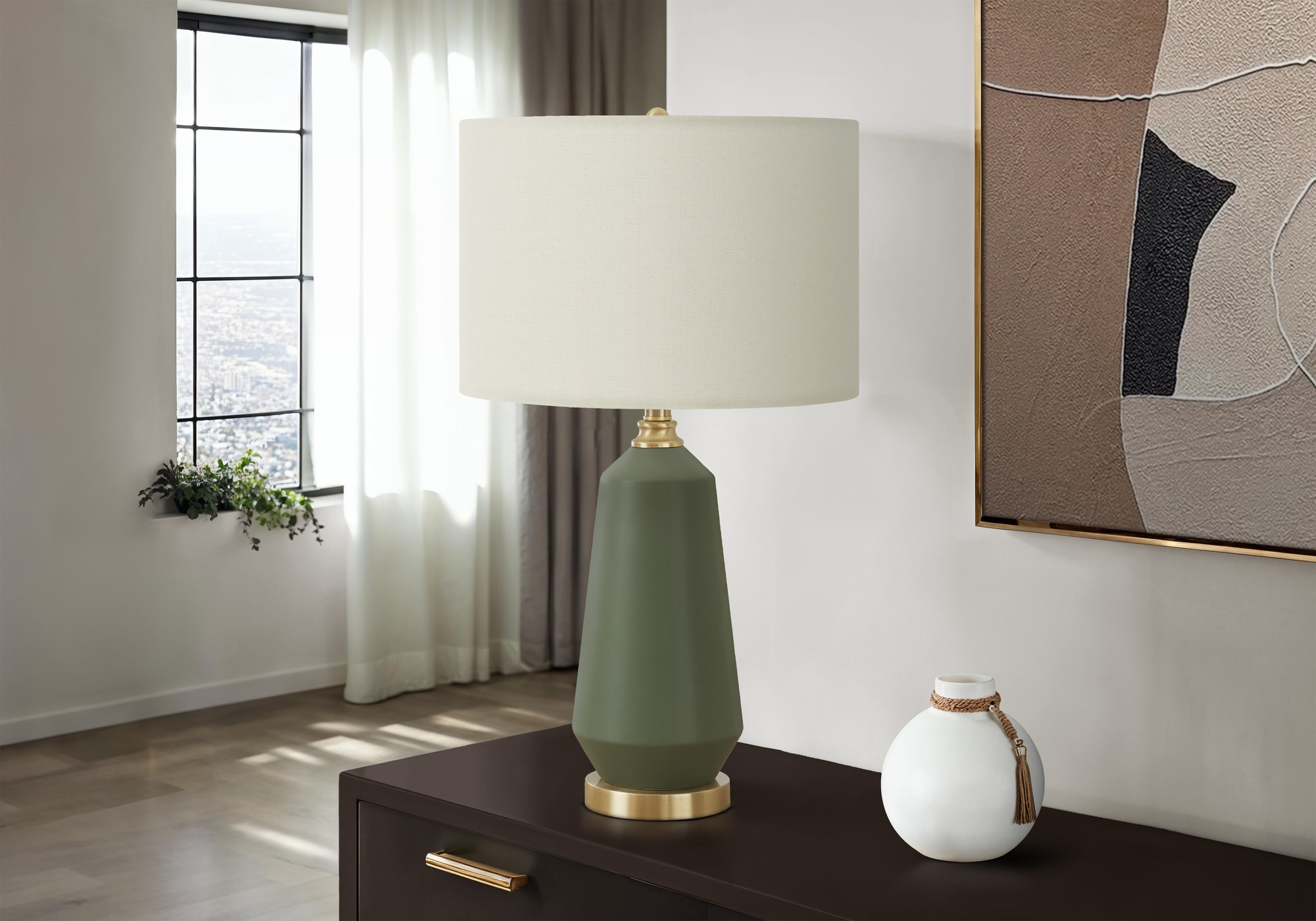 JUSHUA Ceramic Table Lamp Lighting 26-inch Height Green Ivory Cream Shade Contemporary