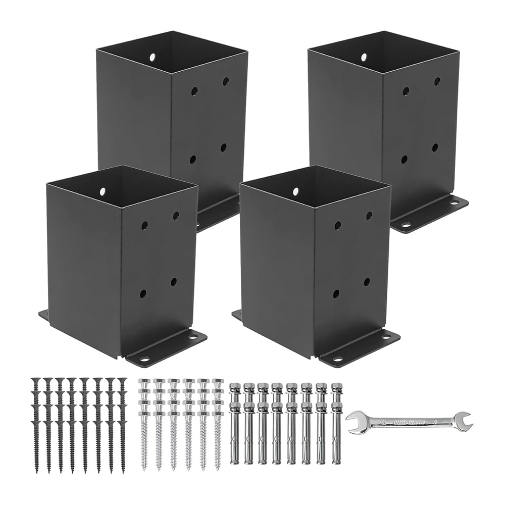 Etokfoks  Black Metal Post Base Brackets Heavy Duty Rustproof Powder Coated Solid Steel 4x4 Post 3 6x3 6 in 5 5 in High 4 Pack