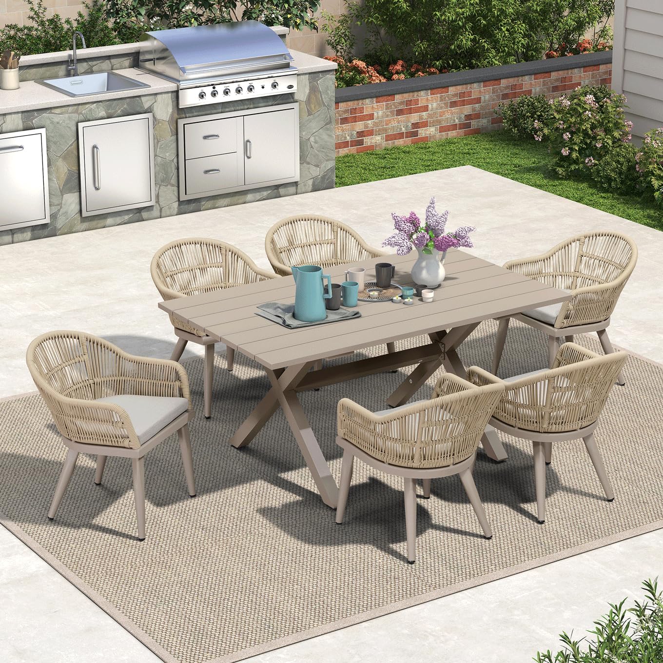 PURPLE LEAF LS04-DSMZ07-AW-160 7 -Piece 7 pieces-Rectangle Rattan Patio Dining Set Extendable Table Aluminum Rectangle Table with 6 Yellow Cushions Stationary Chairs