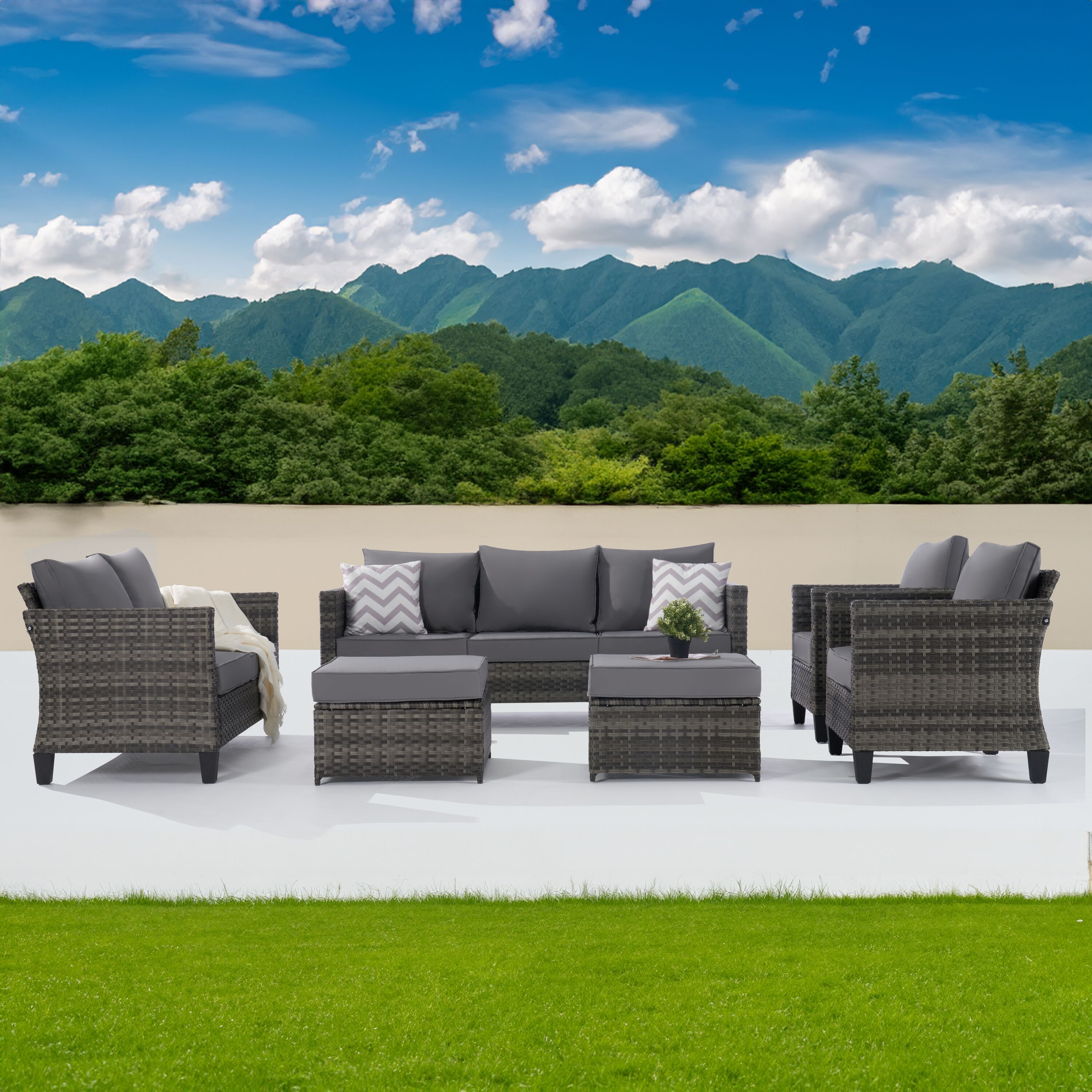 SANSTAR L-WS8933LY 6 -Piece Rattan 2 Patio Sofa Conversation Set with Gray Cushions