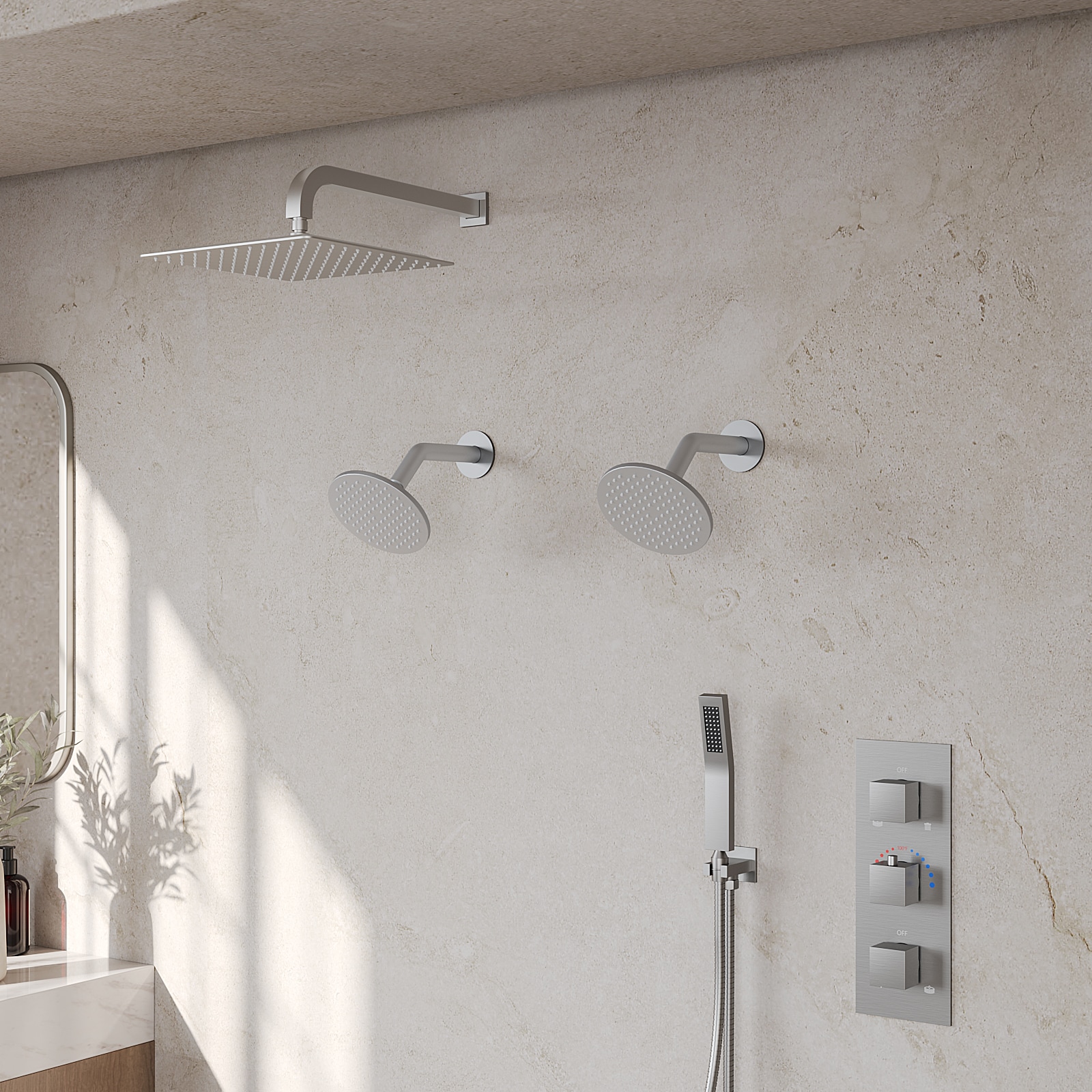 GRANDJOY SFS-1066-NK12 ZenithRain Brushed Nickel 12-Inches Dual Head Built-In Shower Faucet System with 2-way Diverter ( Thermostatic Valve Included )