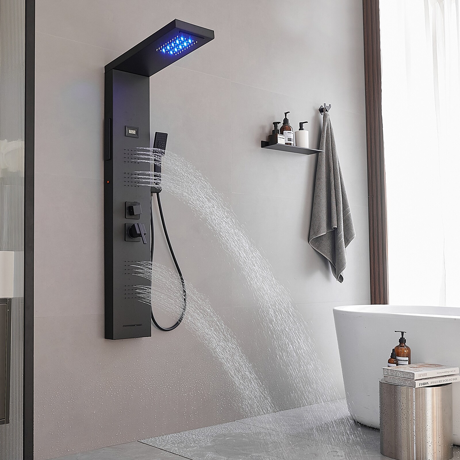 BWE Matte Black 8-in Waterfall Shower Tower System with 5-way Diverter ...