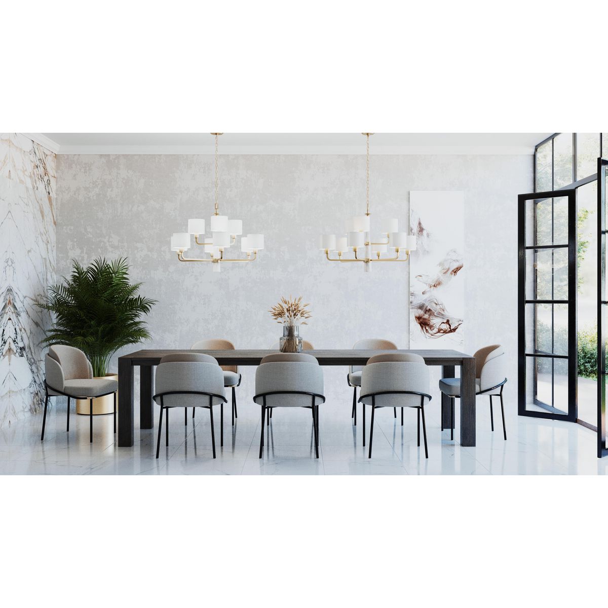 Vintage Gold and White Drum Shade 9-Light Chandelier