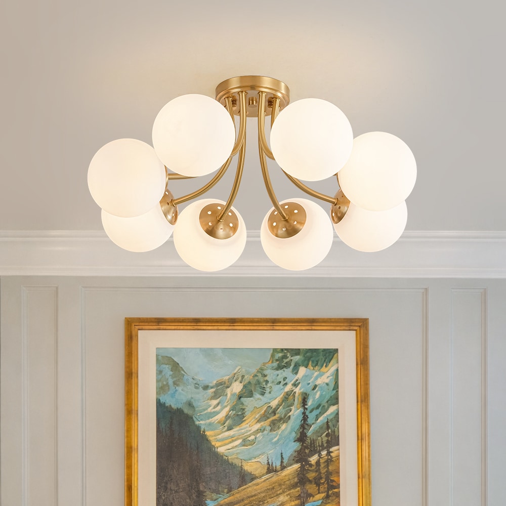 Wonderindoor 8-Light Flower-Shaped Semi-Flush Mount Light with Full Copper Frame and Milk-White Glass Globes in Pure Copper