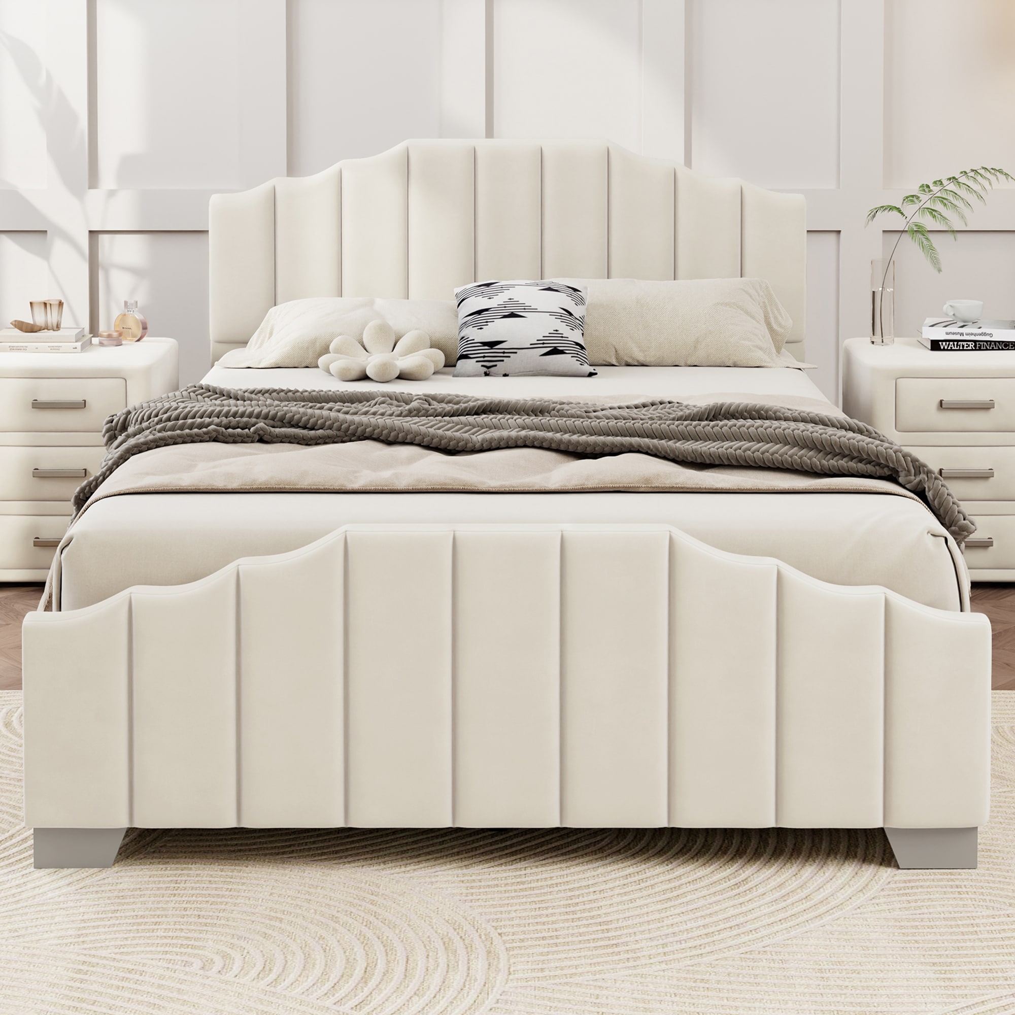 ModernLuxe N701P204424A Queen Size Velvet Upholstered Platform Bed Vertical Channel Tufted Headboard and FootboardNo Box Spring NeededBeige