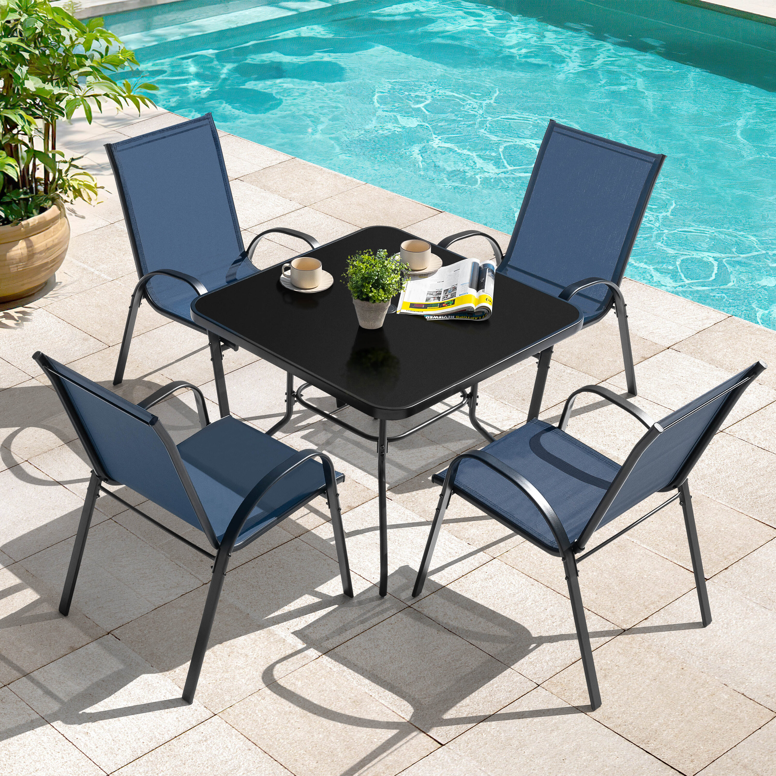 Nuu Garden 5 -Piece Black Glass Table Patio Dining Set Iron Square Table with 4 Blue Stackable Stationary Chairs