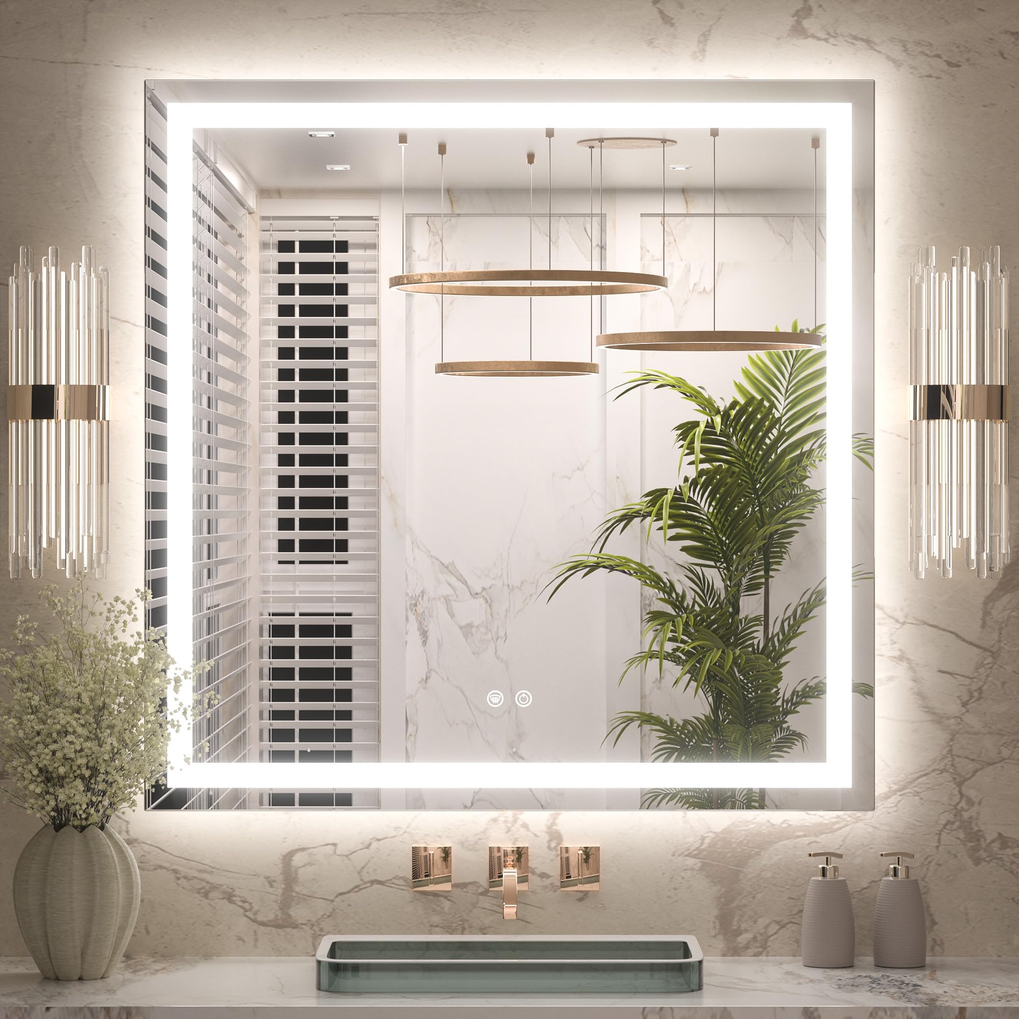 LAIFUCAM  LED Bathroom Mirror with Lights 36 x 36 Inch Frontlit Backlit Dimmable 3 Color Anti Fog HD Tempered Glass Wall Mount Mirror