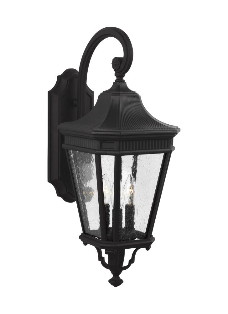 Black Aluminum 3-Light Outdoor Wall Lantern with Clear Seeded Glass
