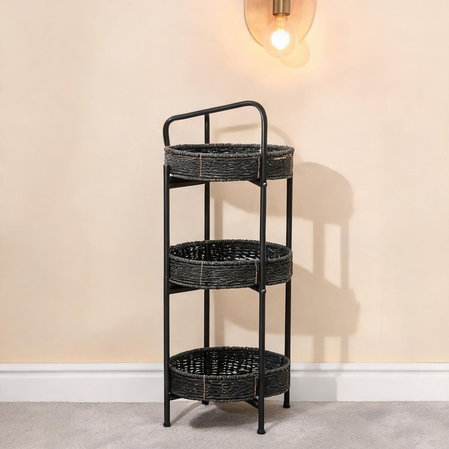 BBabe 3-Tier Oval Side Table with Handwoven Paper Rope Trays and Detachable Top Basket Black 28.7 in H