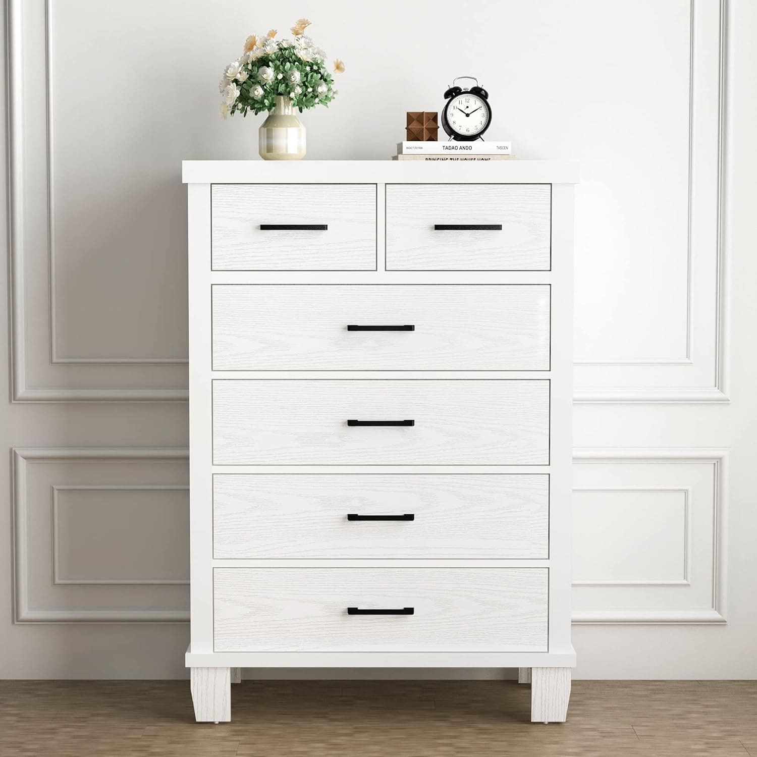 Qeetex DHZ-PHO-0X9GTDFQ Dresser for Bedroom with 6 Drawers 45 inch Tall White Chests of Drawers with Storage Large Drawer Dresser for Closet Wooden Storage Cabinet for Entryway