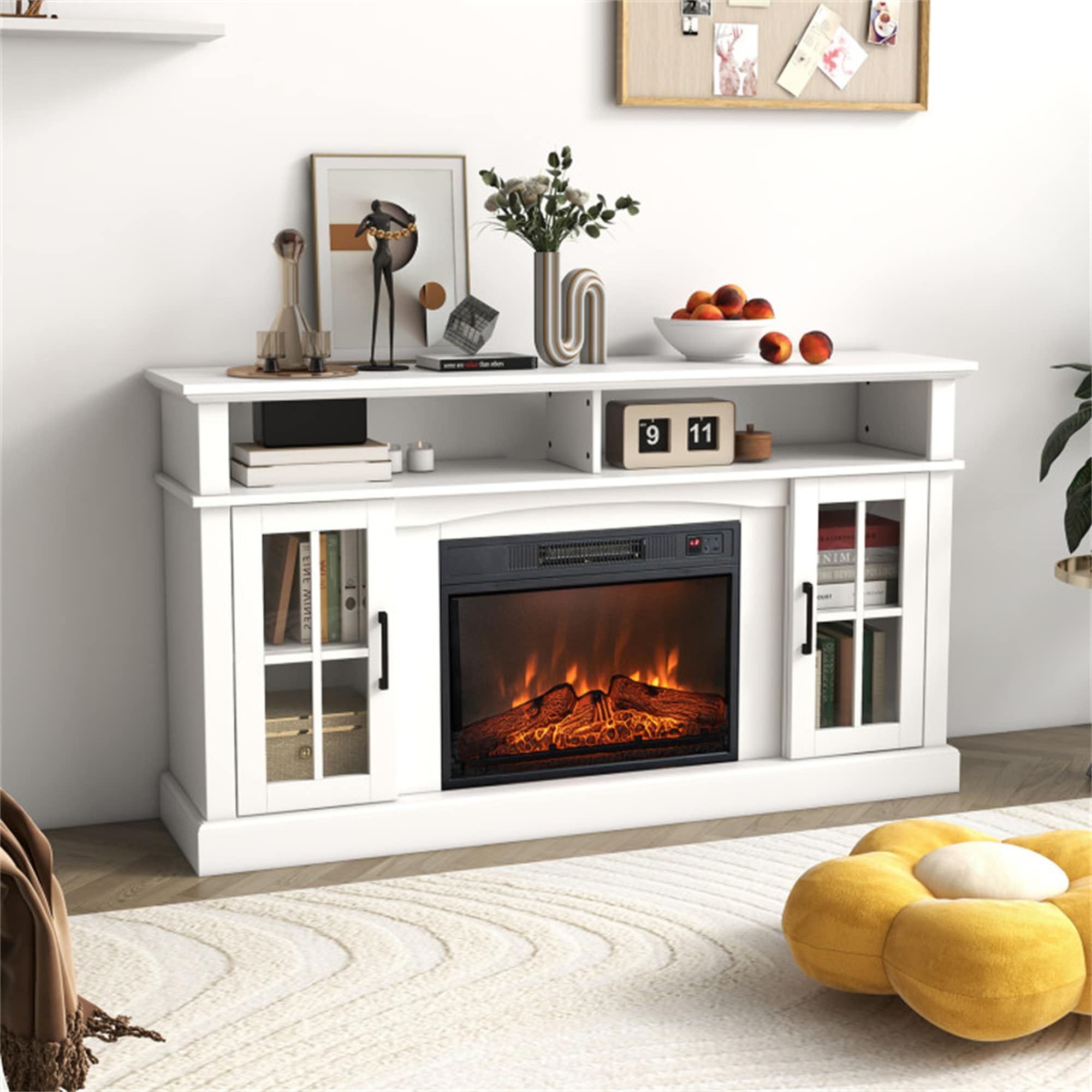 BABOOM BOM-9119745-OR 58-in W White TV Stand with Fan-forced Flat wall Electric Fireplace with Remote Control Included