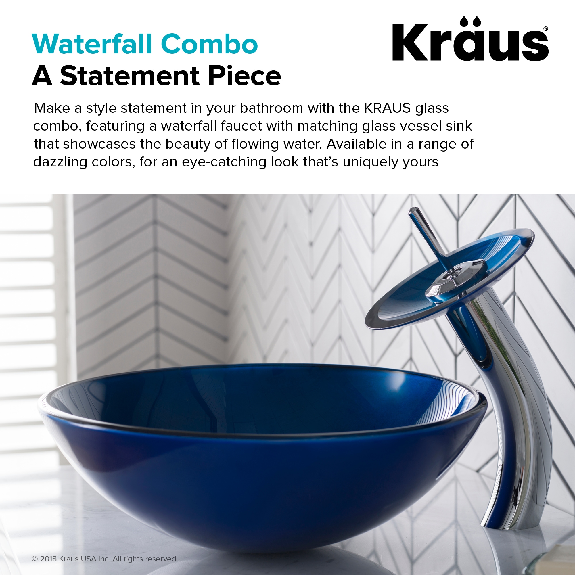 Blue Glass Circular Vessel Sink with Chrome Faucet